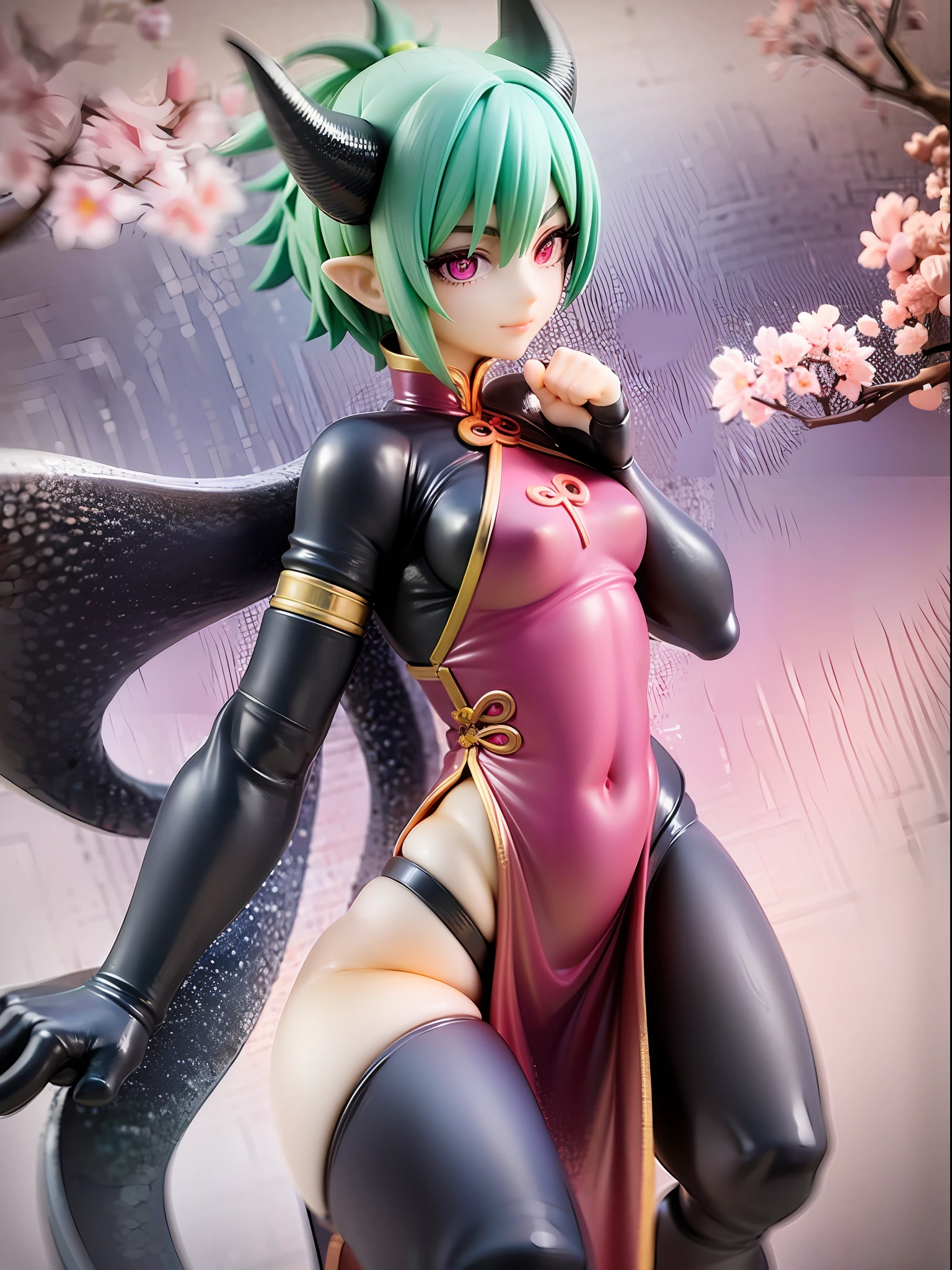 ager, standing pose, dragon tail, dragon scale on hands and feet, dragon horns, Chinese dress, Chinese dress modified to reveal belly button, white color scheme, pink highlights, long hair, pink hair, wide eyes, pink eyes, closed mouth, smile, imperial palace, towering pagodas, cherry blossom trees, red lanterns, stone dragon statues, golden accents, misty mountain backdrop, serene pond, jade green foliage, from back, showing tile,