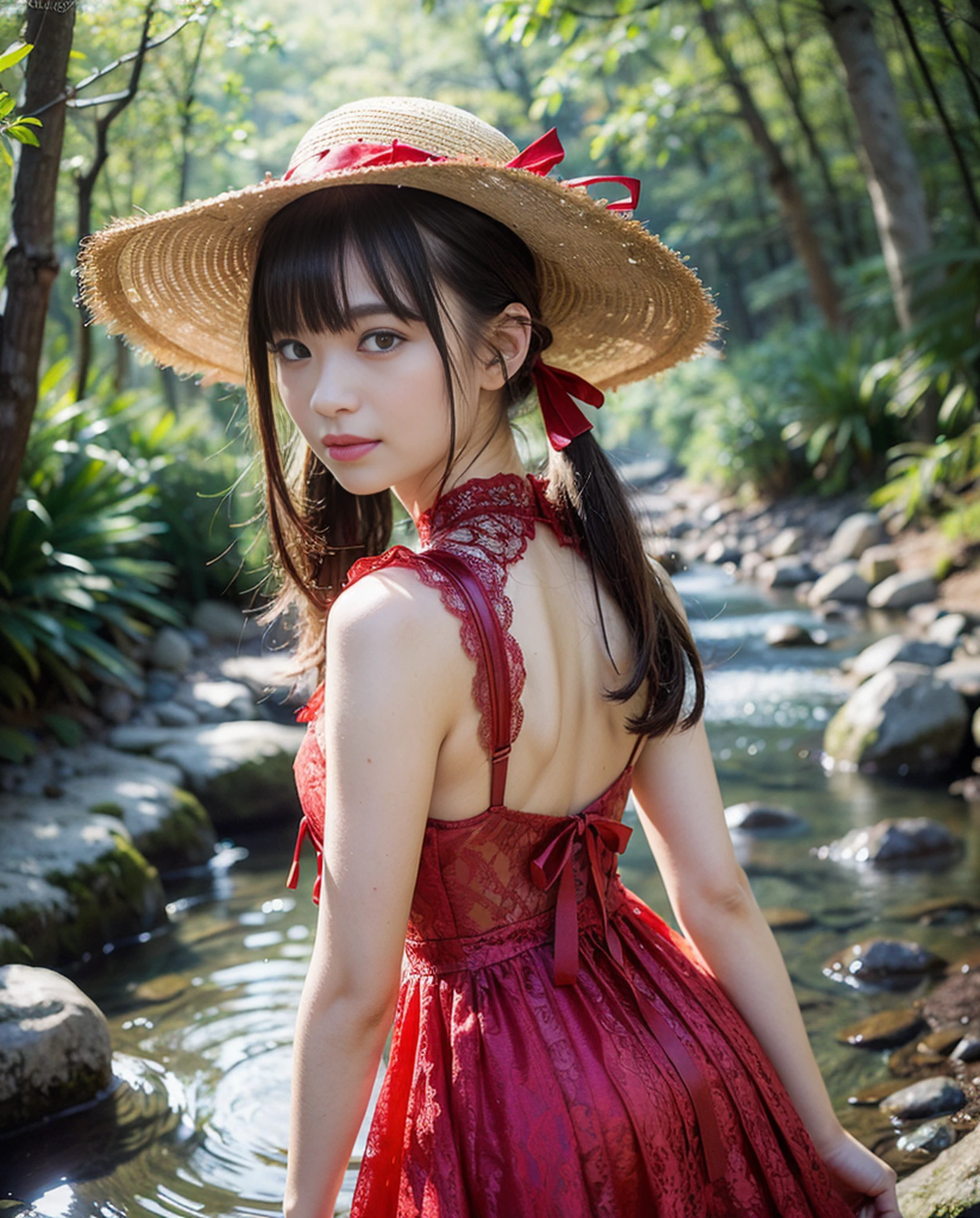 ((((1))),((Photorealistic))), ((AKB 48)), (Full body photo))), (Lens flare))),((Backlight)), (In the woods))((Clear stream deep in the dark mountains)),((Rock in the background)),((Straw hat with ribbon)),((Smiling)),((NIKON Z)),(19 years old))),(Small bust)))), ((((red lace dress)))), ((((Pore feeling)))), ((skin feeling)))), (((Photorealism: 6, realistic))))), (((sideways and turning around pose)),Perfect chest shape, bare buttocks, side ponytail, ribbon, hair ornament, pale skin, looking at the viewer, small waist