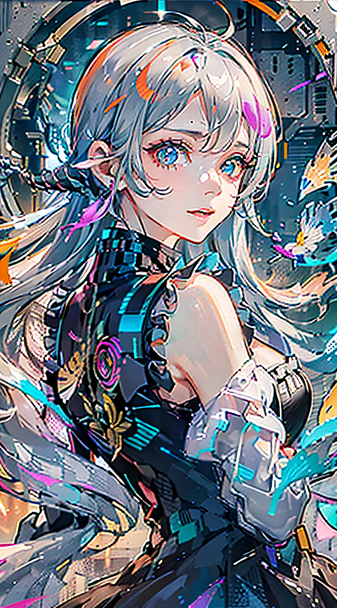 (Highestpicturequality),(Master'swork),(ultra-detailed),(Detailedeyedescription:1.0),(lensflare:1.0),(movieposter:1.0),(Tarotborder:1.0),theportraitiscentered,(close-up:1.0),(nagativespace:0.8),(negativespace:1.6),(solo),(floatingcolorful{wind|watermagic|ink|crystals|ice|fire|flame|lightning|web|rocks|sand|particles|sparkles|blood}:1.0),(manycolorful{soapbubbles|clouds|thorns|spikes|vines|currents|spirals|halos|wings|tatoos|cubes|octahedron}:1.0),(floating{red|green|blue|aqua|purple|yellow|black|white|grey|pink|orange|lime}{ribbons|feathers|particles|blades|droplets|snowflakes|softballs}:1.0),({crystal|ice|fire|flame|wind|water|earth|stone|space|musical|sonic|vortex}{magic|wings}:1.0),({raytracing,glowing|dappledsunlight,lightrays,caustics|night,blacktheme|mysterious,eerie|easygoing,pastel}:1.2),({colorful|iridescent|multicolored}:1.0),(beautifuldetailedglow:1.0),({leaningforward|leaningback|leaningtotheside|}:1.2),{(smile:1.0)|(smirk:1.0)|(grimexpression:1.0)},({small|small||lips,eyelashes}:1.0),{(openmouth:1.0)|(closedmouth:1.0)|},({eyelashes|eyeshadow||}),{oneeyeclosed|||},({red|green|blue|aqua|purple|yellow|black|white|grey|pink|orange|lime}hair:1.4),({short|long|medium}hair:1.0),({frombelow|fromabove|fromside|frombehind|facingviewer}:1.3),(halo:1.3),(headtilt:1.0),(dynamicpose:1.1),(asymmetricalhair:1.2),({red|green|blue|aqua|purple|yellow|black|white|grey|pink|orange|lime}{armor|dress|collaredshirt|suit|outfit}:1.0),({formal|military|techwear|urbanstyle|casual,casualclothes|fantasy,magician|feral,tribal|sci-fi,futuristic}),({plaidskirt|layeredskirt|puffydress|tights|pants|shorts}),({red|green|blue|aqua|purple|yellow|black|white|grey|pink|orange|lime}{eyes|eyes|pupils}:1.4),{(forehead:1.5),asymmetricalbangs|diagonalbangs|hairbetweeneyes|bluntbangs|sweptbangs},{oneeyecovered|ponytail|hightwintails|||},{straighthair|wavyhair|drillhair||},{longcoat|suitjacket|cloak|sweater|tie||},{(floatingcape:1.0),|}({foxears,foxgirl|vampire,batwings|pointyears,(elf:0.5)||}:1.1)