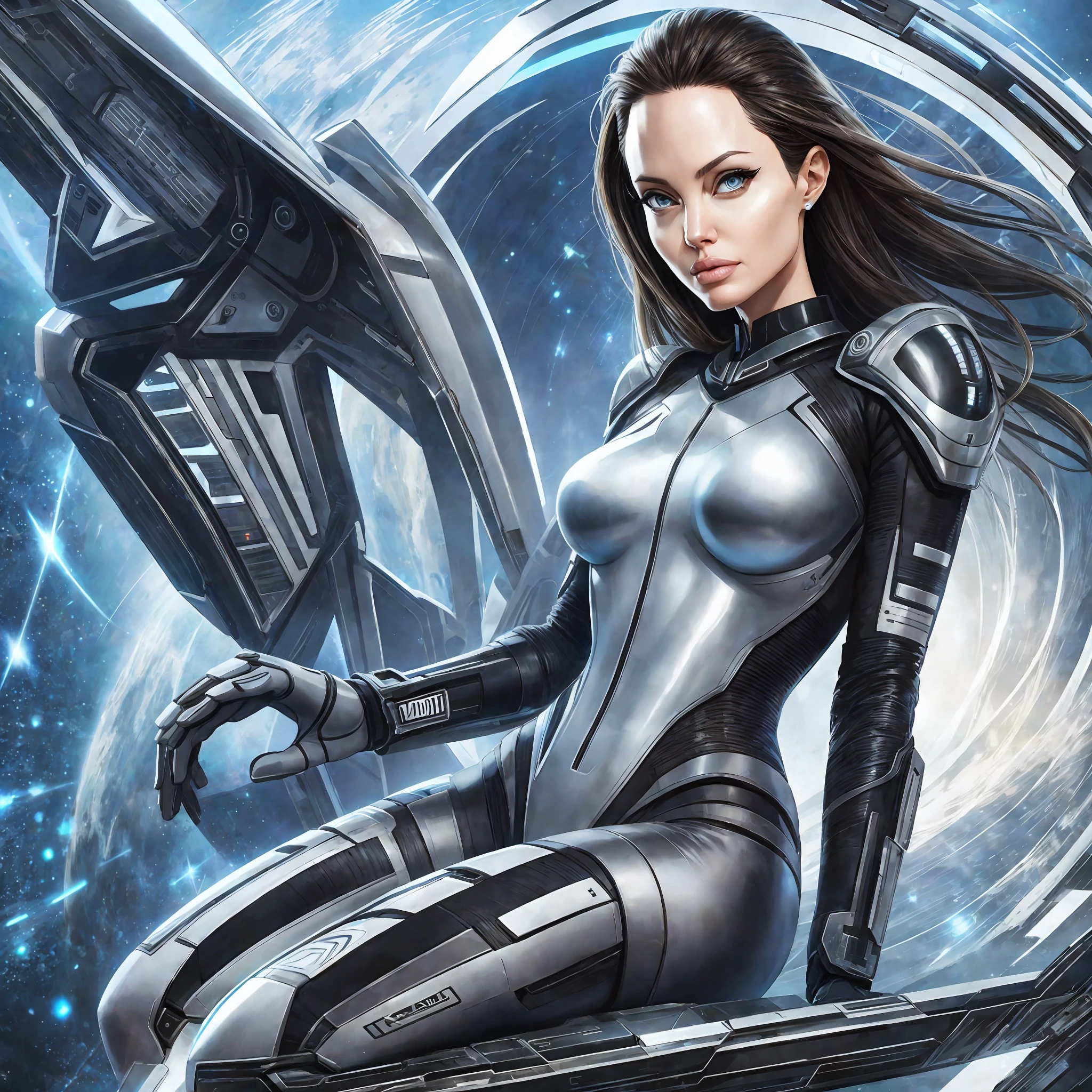 Angelina Jolie in a futuristic outfit,futuristic clothes, hyper-realistic style, 8k, Space suit, photography --auto --s2