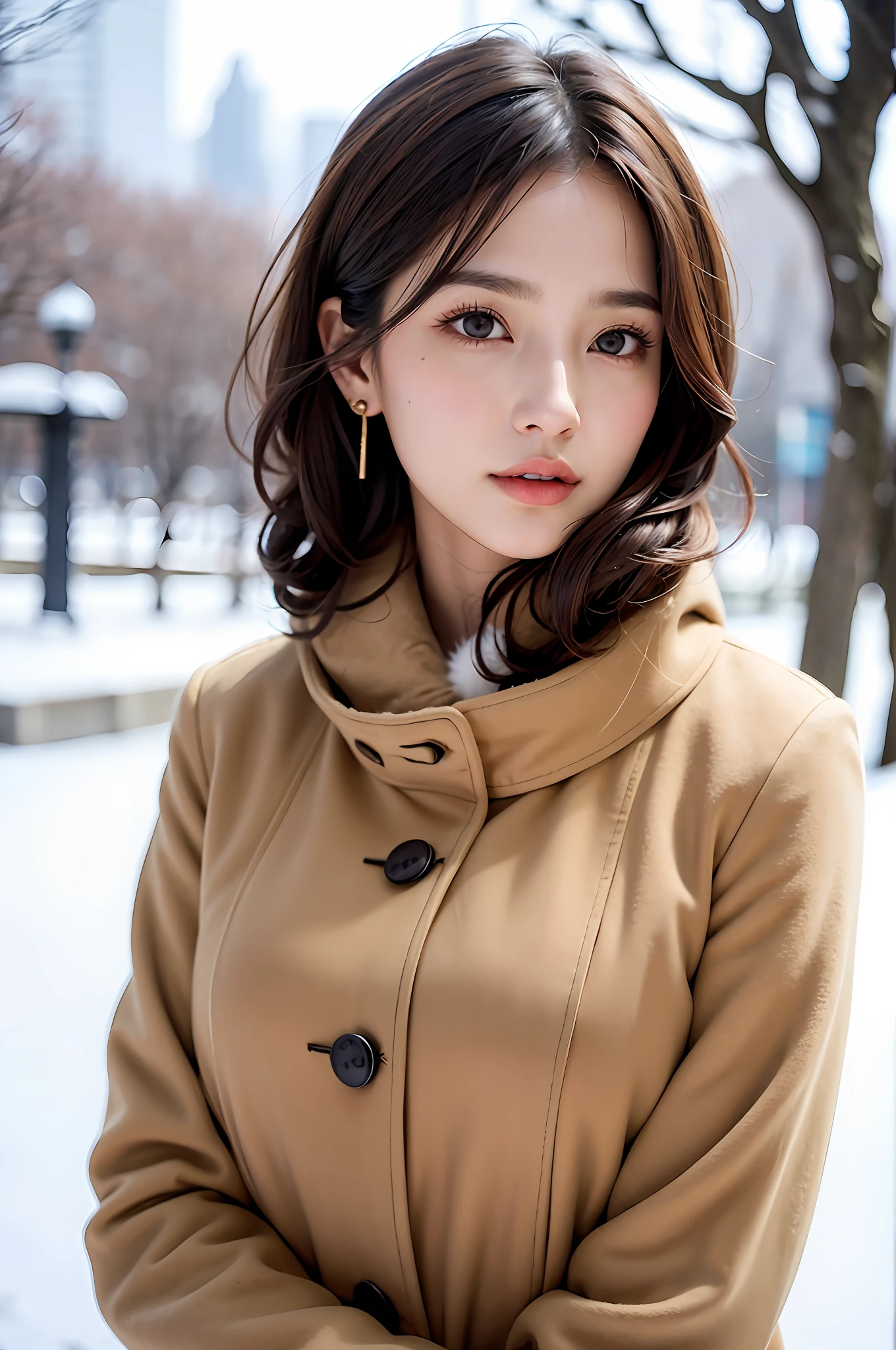 1 girl, bare_tree, brown_eyes, brown_hair, building, coat, cross_earrings, earrings, fur, fur trimmed_coat, fur_collar, fur_scarf, fur_trim, jewelry, lips, shorthair, looking_at_viewer, outdoors, snow, snow, solo, tree, upper_body, Winter, winter_clothes, detailed_eyes,Big breasts, arms close together, Chest facing camera, Big, Ears out, Golden ratio face, Golden ratio body, Best quality, Ultra high definition, Bangs