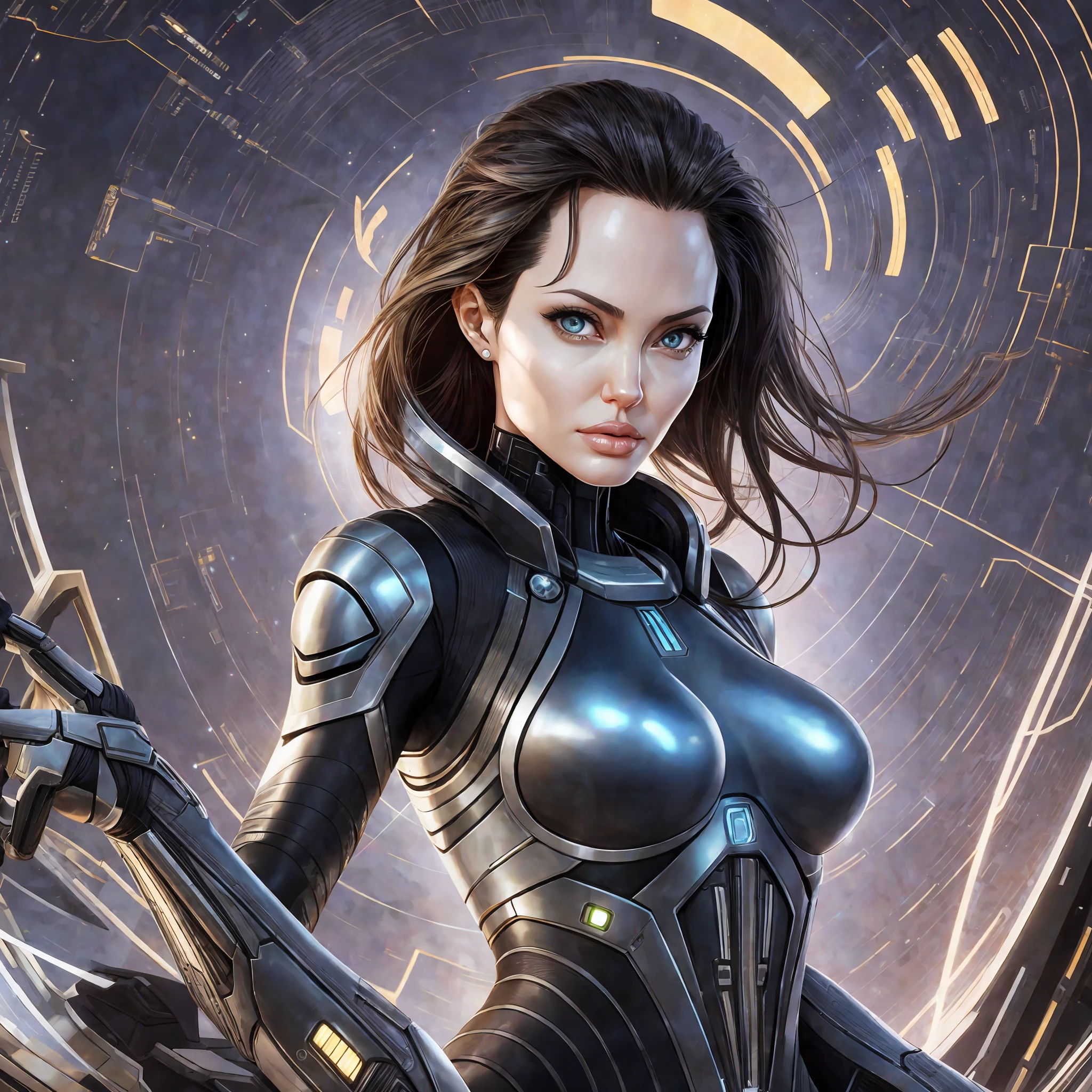 Angelina Jolie in a futuristic outfit,futuristic clothes, hyper-realistic style, 8k, Space suit, photography --auto --s2