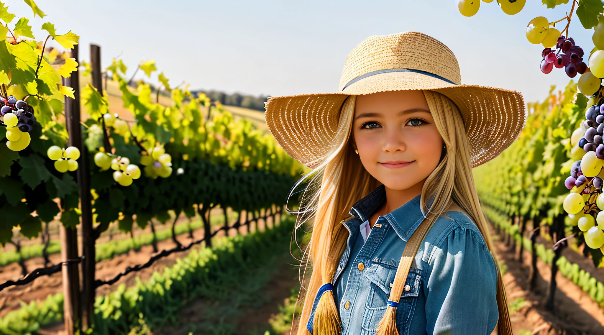 a girl BLONDE CHILD WITH LONG STRAIGHT HAIR AND FARMER'S HAT, PORTRAIT, CLOSE UP, there are many black grapes hanging from a vine in a vineyard, grapes, wine, translucent grapes, yellow and black grapes, translucent grapes closeup, grape, 1/30, elaborate composition, thick and dense vines, best-selling, vineyard, high-quality product image", by Karl Völker,  adult, f 2 0, harvest, award-winning masterpiece