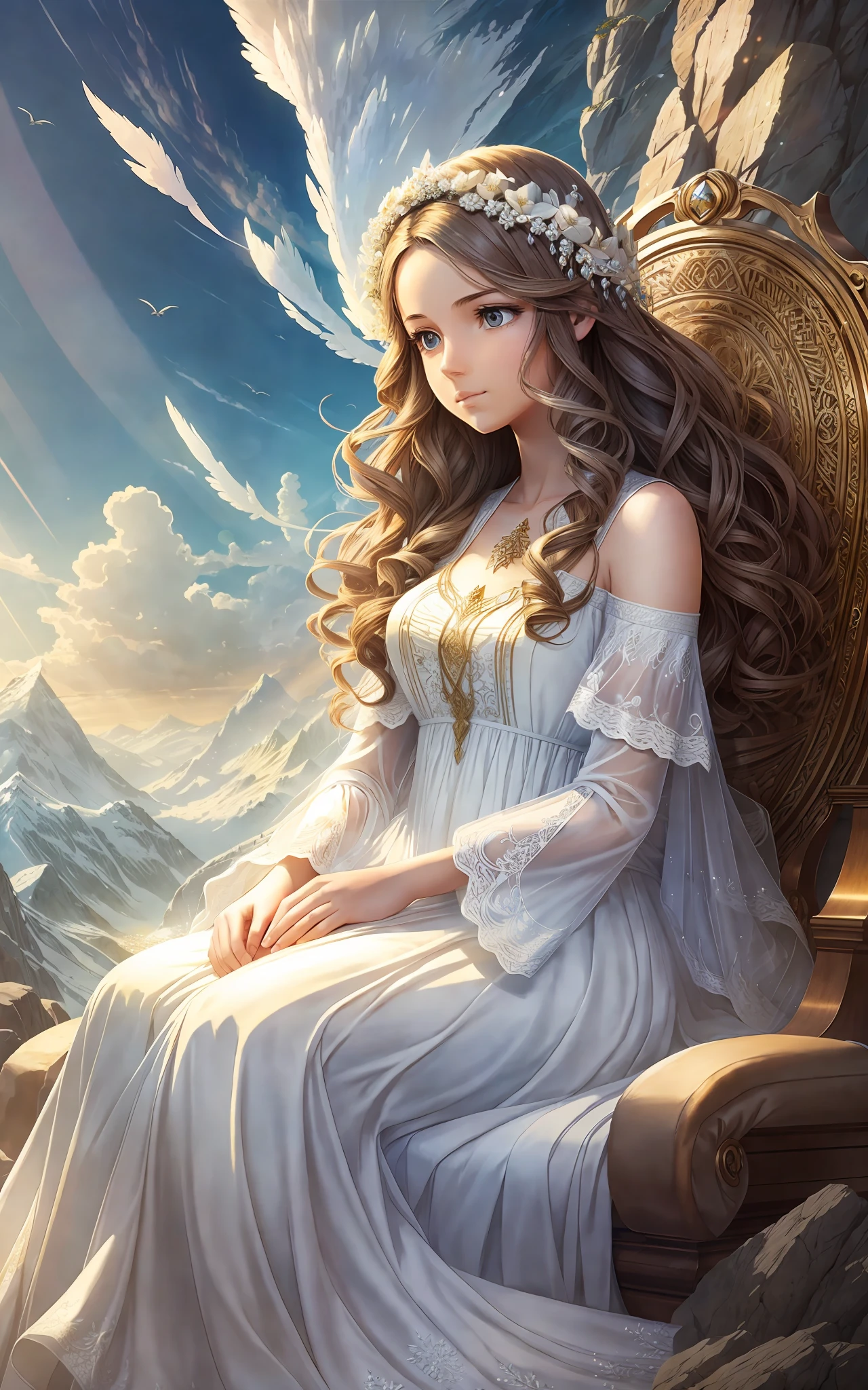 award winning 64k concept art of (1girl:1.2) in white majestic dress sitting on the throne in the mountains, epic, god rays, centered, (masterpiece:1.2), (best quality:1.2), Amazing, highly detailed, beautiful, finely detailed, warm soft color grading, Depth of field, extremely detailed 8k, fine art, stunning, iridescent, shiny, (light reflections:1.2), (crisp:1.5), curls, wind, vibrant, sunlit, (edge detection:1.2)