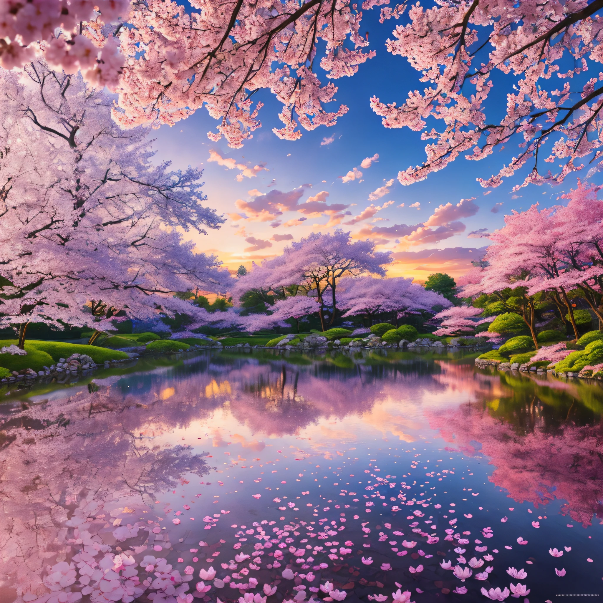 masterpiece, best quality, high quality, extremely detailed 32k wallpaper by CG unit, an enchanting front view scene of crystal clear pond in Japan, cherry blossom trees in the background, sunrise, creating a sense of mystique and enchantment, season art, intricate, trends, award winning photography, bokeh, depth of field, HDR, flower, chromatic aberration, photorealistic, extremely detailed, artstation trending, CGsociety trending, intricate, high detail, dramatic, midday art --auto --s2