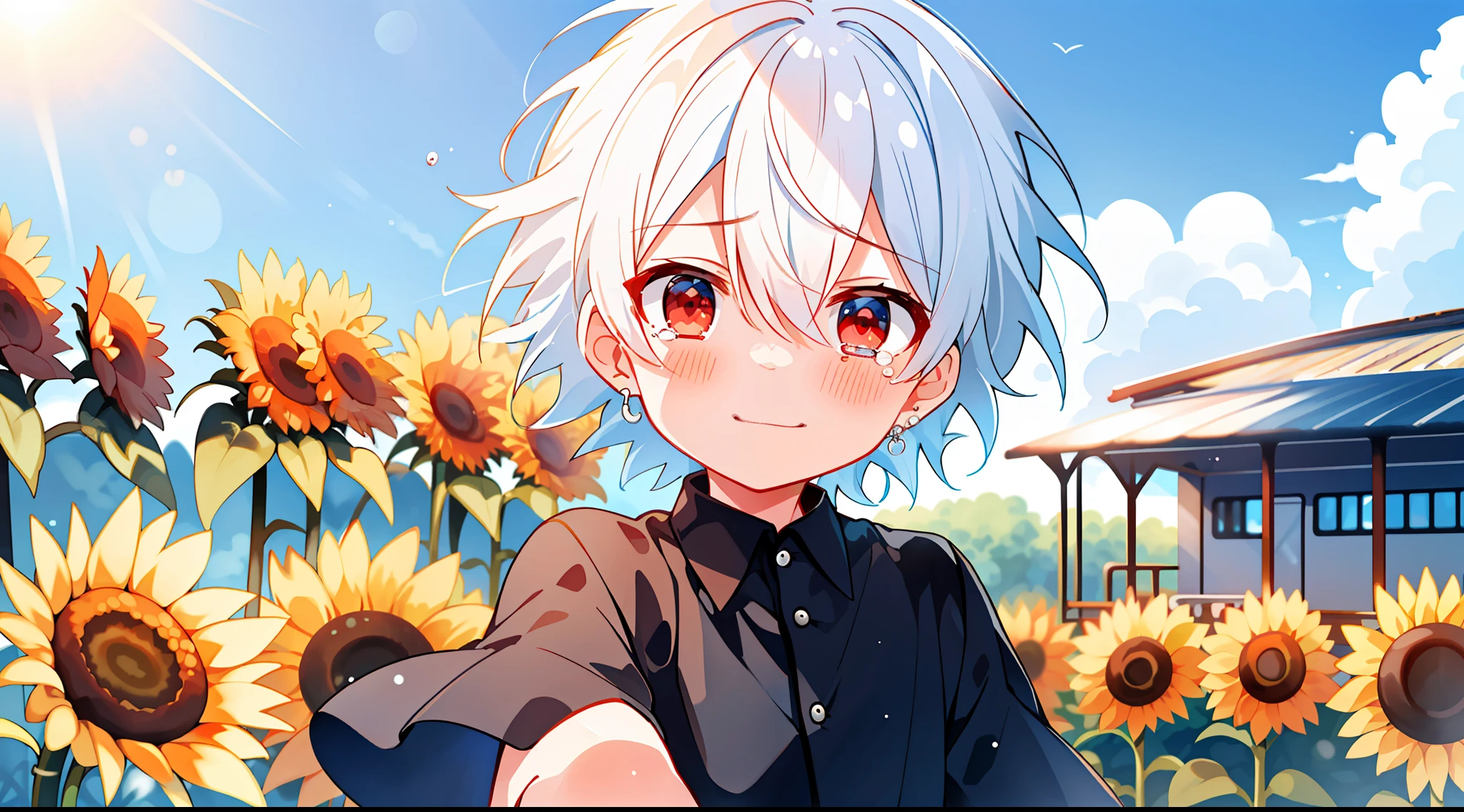 (high-quality, breathtaking),(expressive eyes, perfect face), 1boy, solo, short, young boy, white hair, red eyes, slightly smiling, tears, black shirt, wear short shorts, countryside, train station, blue sky, sunlight, sunflowers, up close