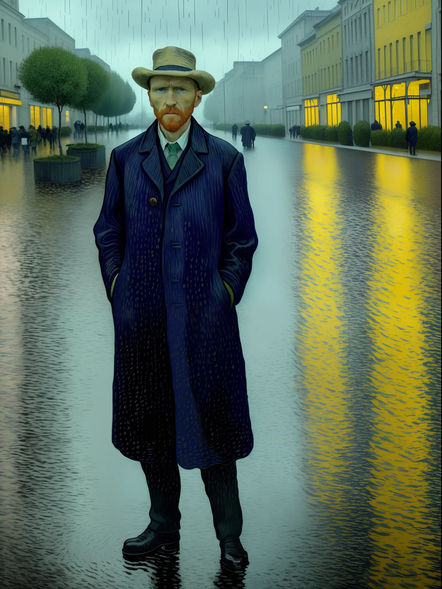 Vincent van Gogh standing under a dreary rain, contemplating life and art in his inimitable style, with a focus on the water droplets and their reflections, using best illumination and shadow techniques for vivid realism.