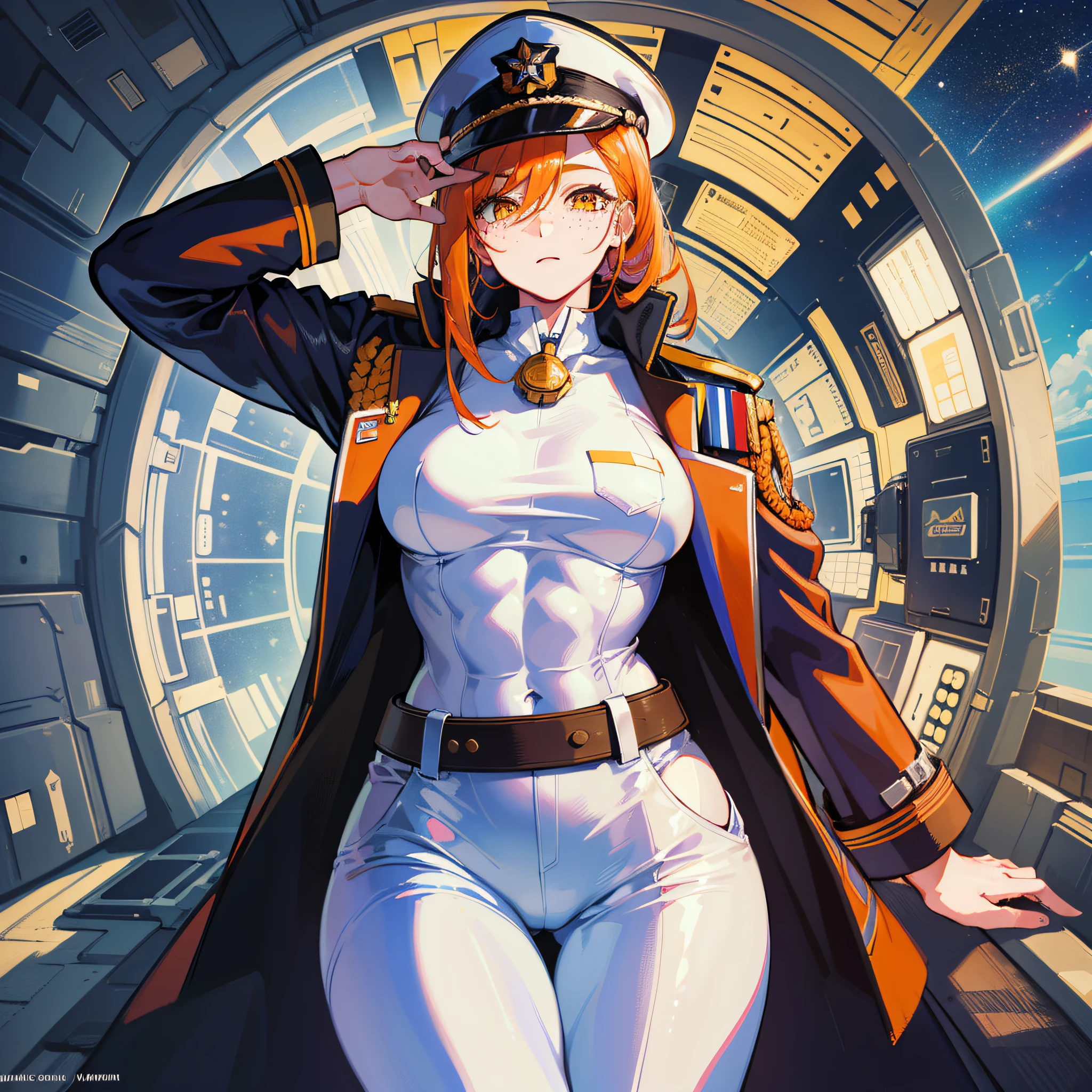 ((Masterpiece)), ((Highest Image Quality)), ((Best Quality)), (Illustration of One Girl), Full Body, 25 Years Old, Neutral, ((Freckles))), Orange Hair Ponytail, Yellow Eyes, (Tall Body)), Big, (Muscular Strong Body)), ((Muscular Strong Body)), (Military Uniform)), (Military Hat)), ((Army Coat)), (White Clothes), (White Pants), (White Hat), Trench Coat, ((Inside the Spacecraft)), (Outside the Window, Space, Earth as seen from space, Spaceport)