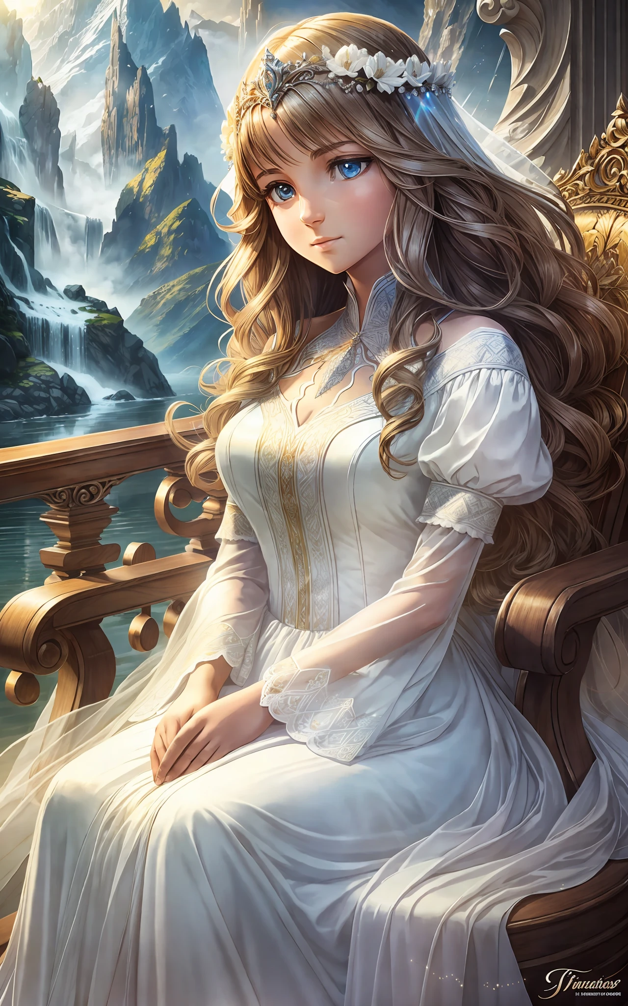 award winning 64k concept art of (1girl:1.2) in white majestic dress sitting on the throne in the mountains, epic, god rays, centered, (masterpiece:1.2), (best quality:1.2), Amazing, highly detailed, beautiful, finely detailed, warm soft color grading, Depth of field, extremely detailed 8k, fine art, stunning, iridescent, shiny, (light reflections:1.2), (crisp:1.5), curls, wind, vibrant, sunlit, (edge detection:1.2)