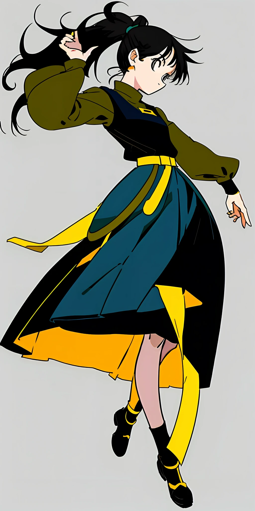 simple background, flat color, ponytail, black hair, woman, cute, full body