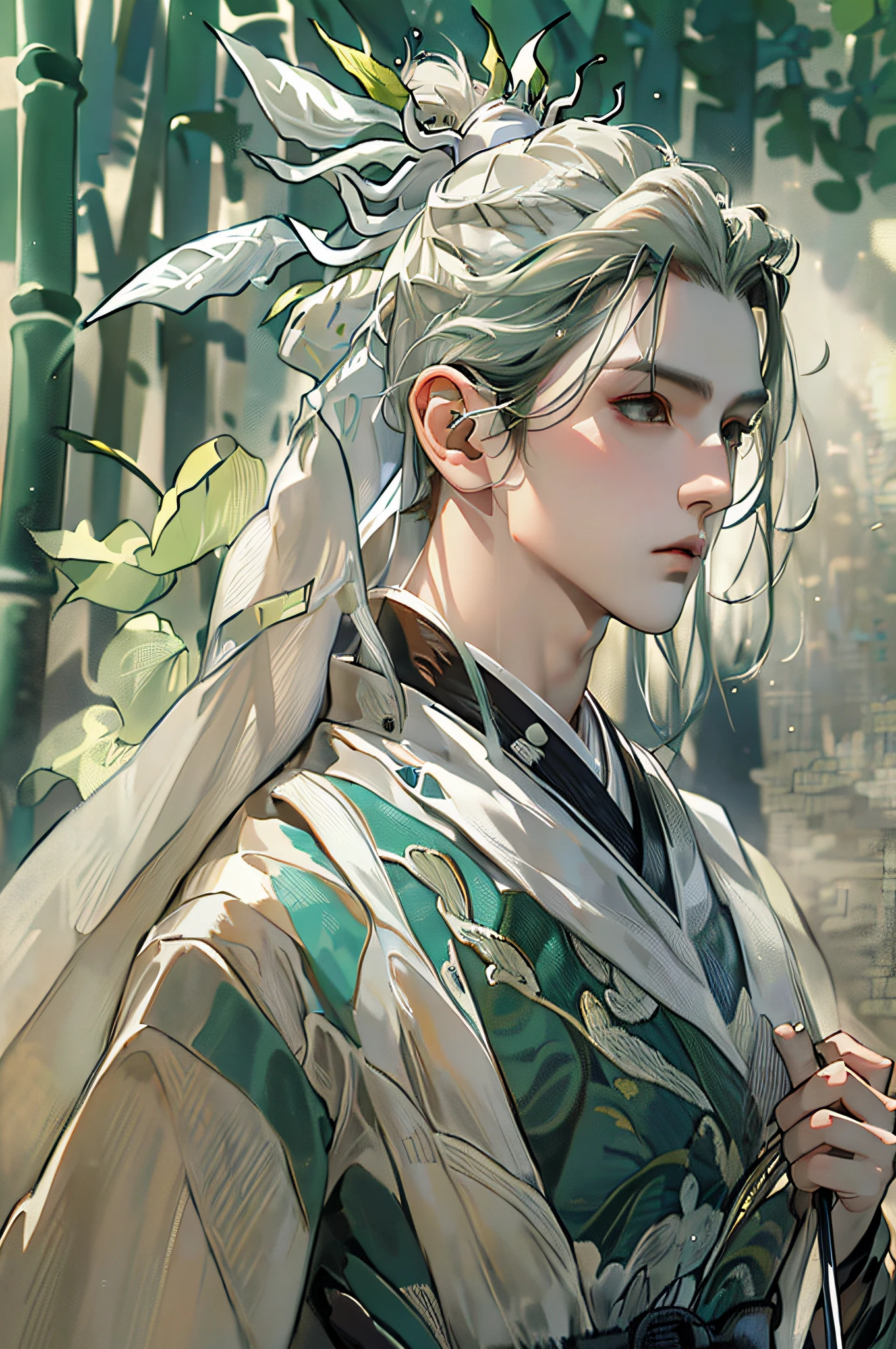 (Best Quality), (Realisticity: 1), Realistic Skin Texture, Highly Detailed, 8K Wallpaper, NSFW, Masterpiece, Extreme Detail, Super Detailed, Detailed Facial Features, 1 Man, Man, In the Bamboo Forest, Long White Hair, Ponytail, Green Headdress, Long Sword Held, Bamboo Leaves Falling, Smoke Hazy, Black Hanfu, Long Sword in Hand,