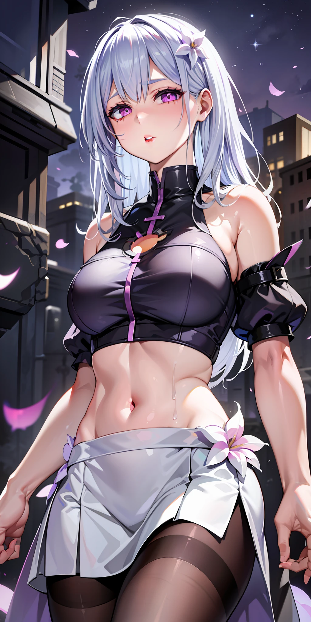 realistic, 1girl, white hair, purple eyes, glowing eyes, crop top, skirt, parted lips, blush, night, flowers, sun, sunlight,