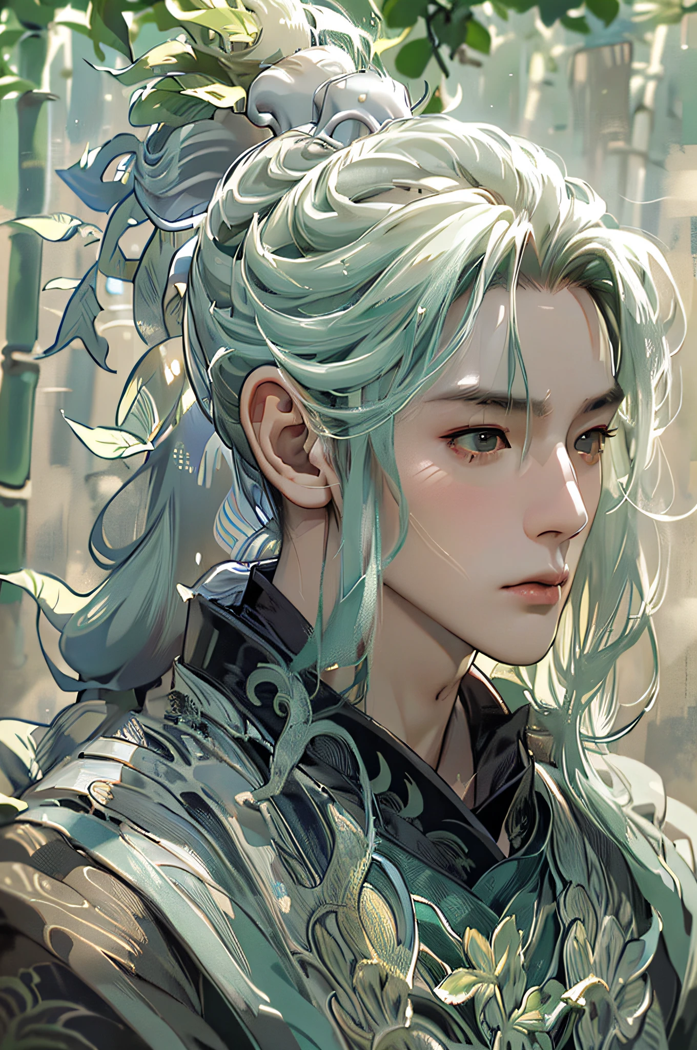 (Best Quality), (Realisticity: 1), Realistic Skin Texture, Highly Detailed, 8K Wallpaper, NSFW, Masterpiece, Extreme Detail, Super Detailed, Detailed Facial Features, 1 Man, Man, In the Bamboo Forest, Long White Hair, Ponytail, Green Headdress, Long Sword Held, Bamboo Leaves Falling, Smoke Hazy, Black Hanfu, Long Sword in Hand,