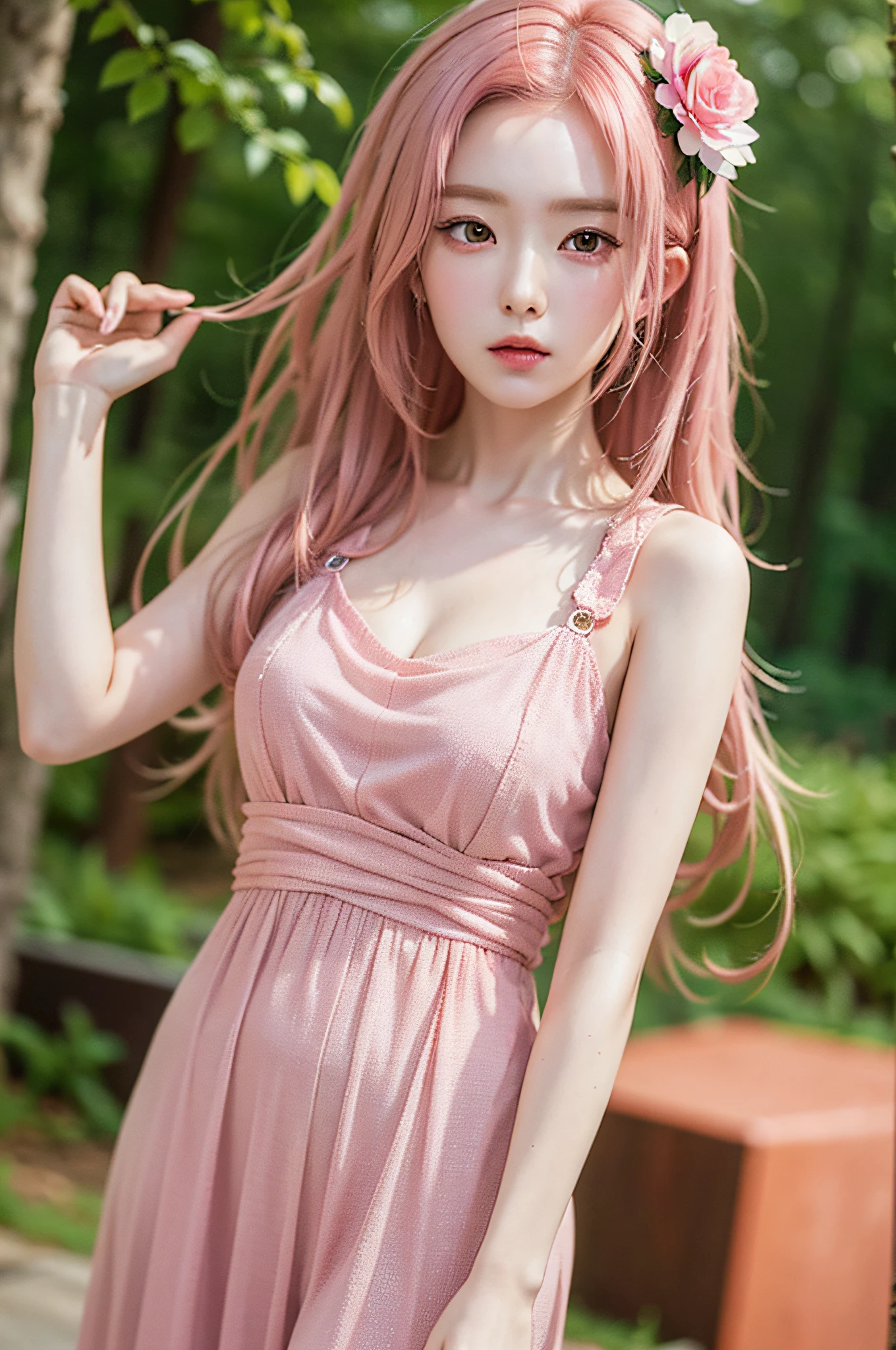 ((very detailed CG)), ((8k)), beautiful maiden, flowers, suit, forest, city night scene, a girl, beautiful face, long pink hair