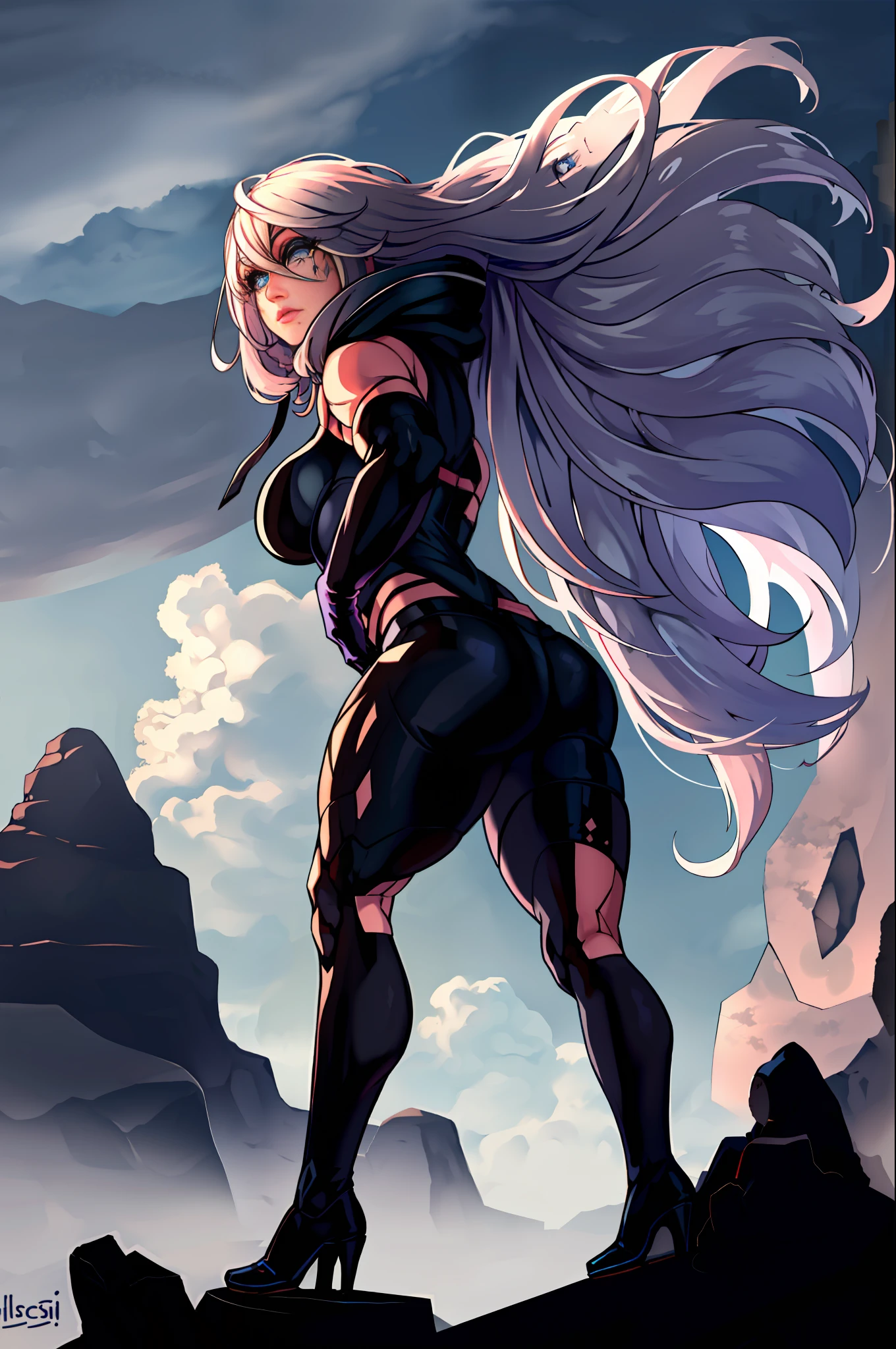 1girl, (((solo)))), bodybuilder, musuclar, hoodie oversized, big ass, strong shoulders, hair is long and wild, She has a pair of light and cold blue eyes and a beauty mark on the left side of her mouth,masterpiece, best quality, shoes, full body, posing for a photo, beautifully color-coded, socks, scrunchbutt leggings white background, studio, looking away, hooded, landscape a cave, night weather, strong wind, dust in the air, Izayoi Aki