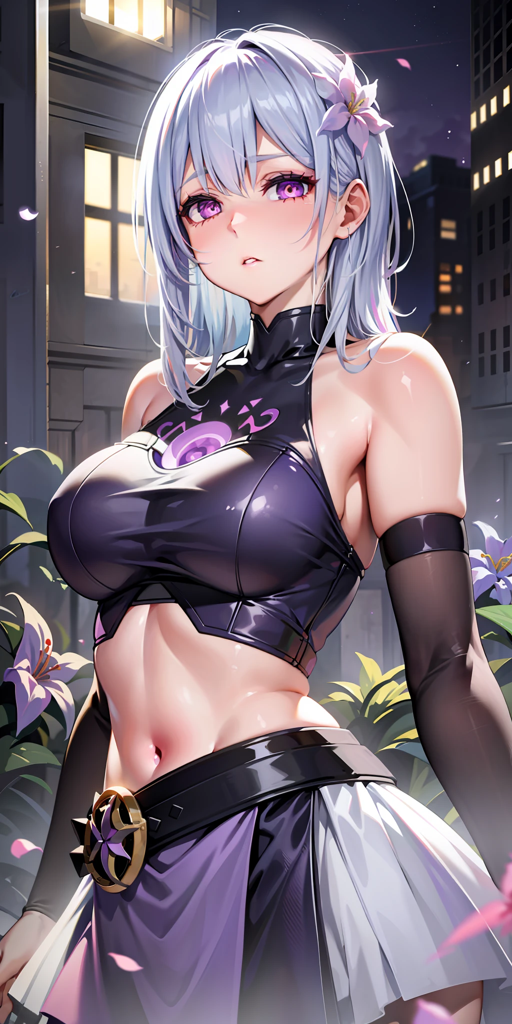 realistic, 1girl, white hair, purple eyes, glowing eyes, crop top, skirt, parted lips, blush, night, flowers, sun, sunlight,