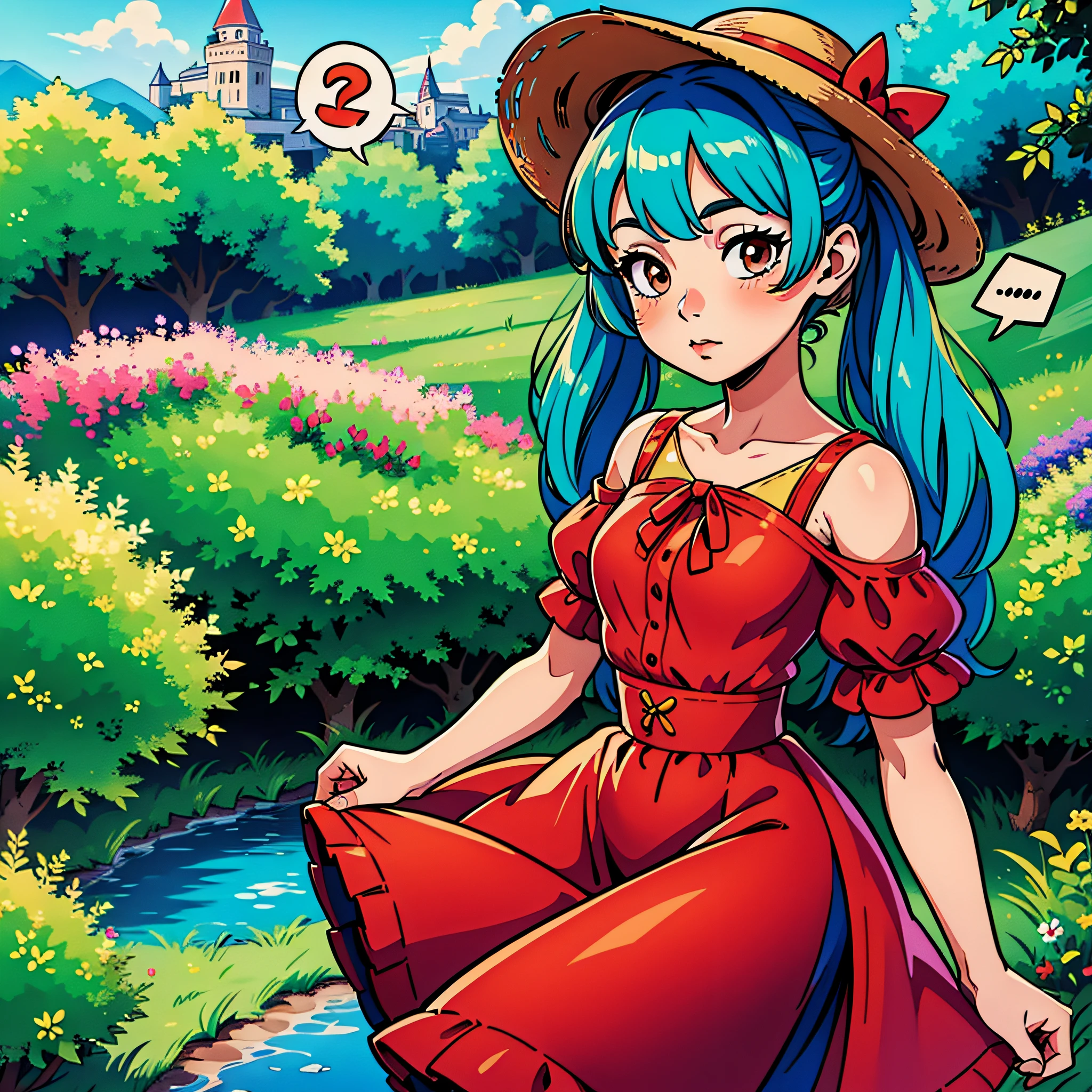 (masterpiece, detailed, highres:1.4), glade, green grass, in the background of the forest, there is a castle in the background, sky, sun, clouds, flowers in glade, child, loli, brown eyes, ((blue hair, long hair, twintails)), face, cute face, blush, stockings, (((red dress with a short skirt)), short sleeves, shoulder-length sleeves, Panama hat, ((speech bubble))