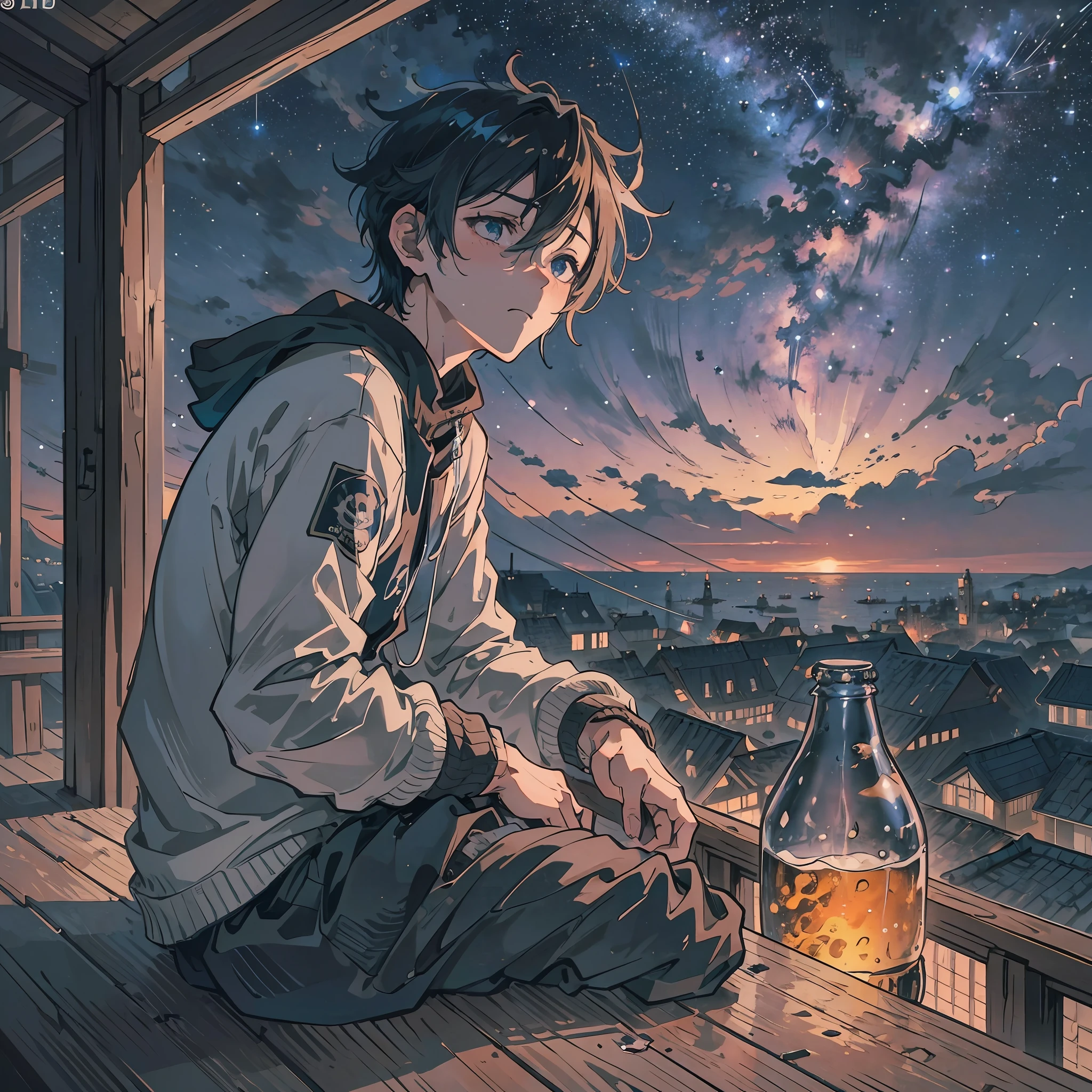 "Sad and lonely, heartbroken boy sitting on top of the house, holding an empty beer bottle. The night sky looms overhead as he gazes up, lost in thoughts of a lost love." Anime character, ultra detailed, highly realistic, masterpiece,8k,uhd,,over view --auto --s2