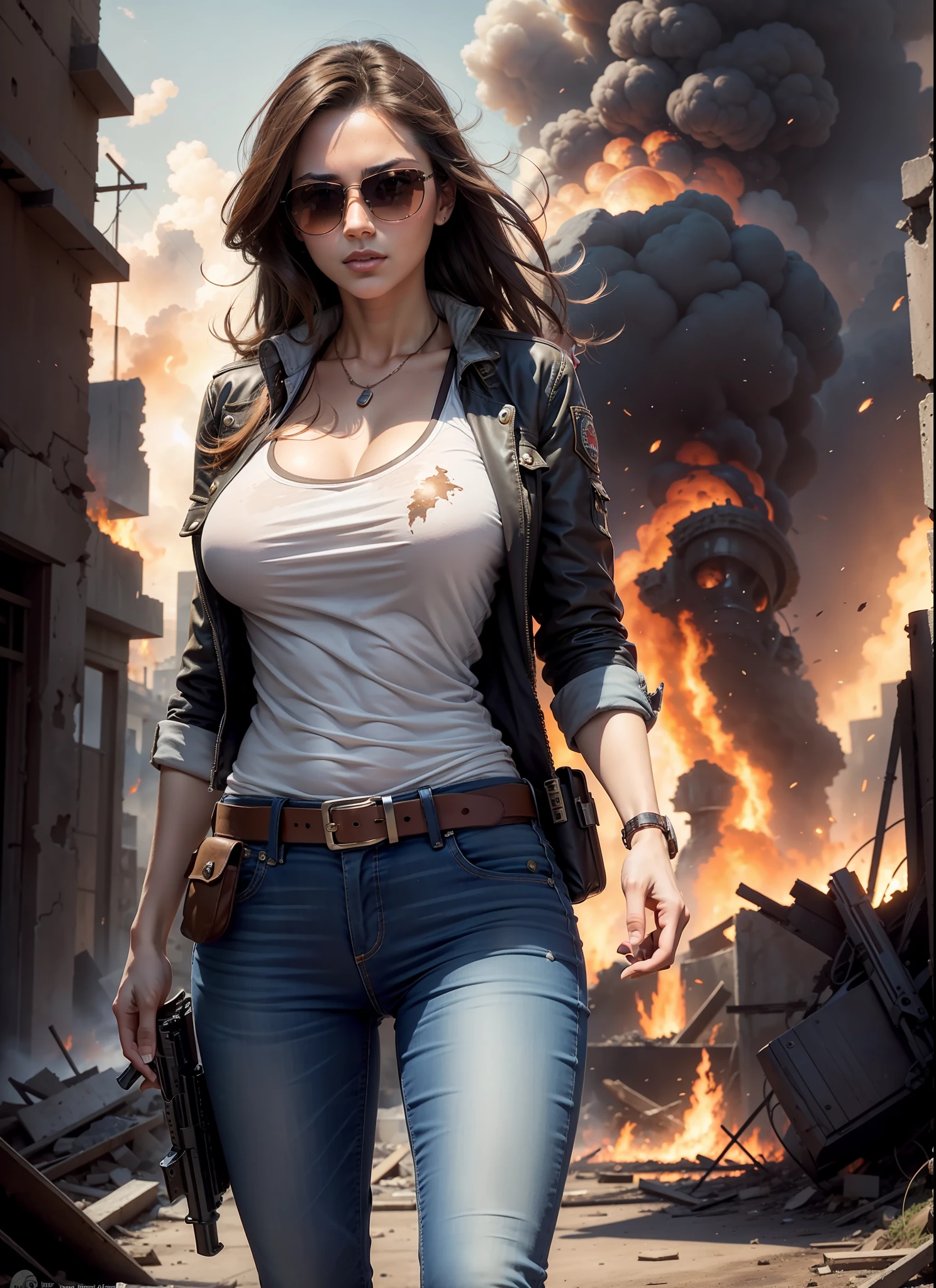 beautiful woman, big chest, sunglasses, jeans, 1 belt, holster, just one body, very big gun on hands, in the ruins, explosions behind, fire behind, front view