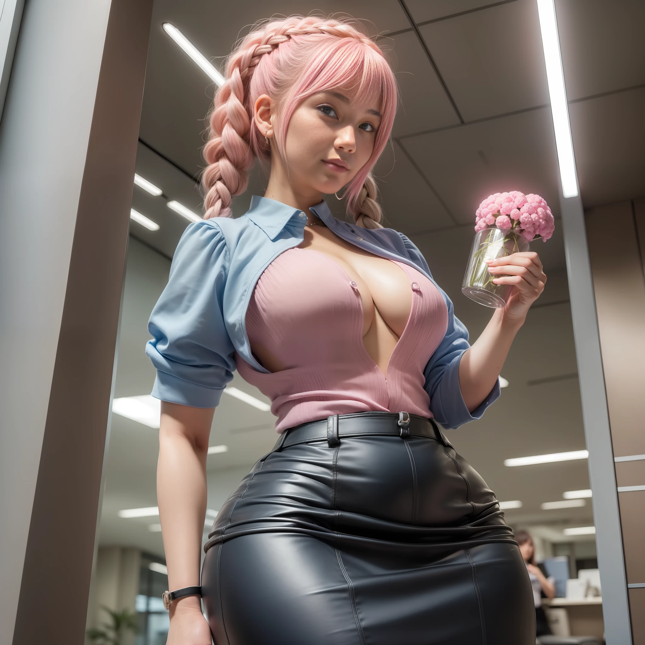 ((masterpiece, best quality)), (1girl),((mature female)), lightpink hair, halo, braided hair, ((office lady )), holding big cauliflower, short black skirt, glow skirt, thick ass, massive, bangs,small breastss, slim, smile, [wide hips],office,standing, aru \(blue archive\),