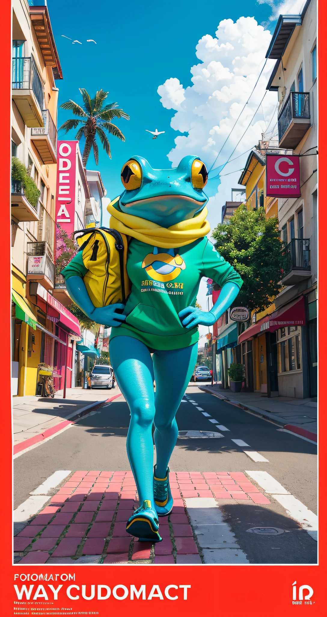 Cute frog, hilarious getaways, vibrant everyday situations, fashion typography, magazine cover poster, Dynamic, Hyperdetail, Serr Shading, Art, Titles, Logos, Labels, Emblems, Graphic Design, Post-Processing Details 4k, Atmospheric, Hyperrealistic, 8k, Epic Composition, Complex Details,