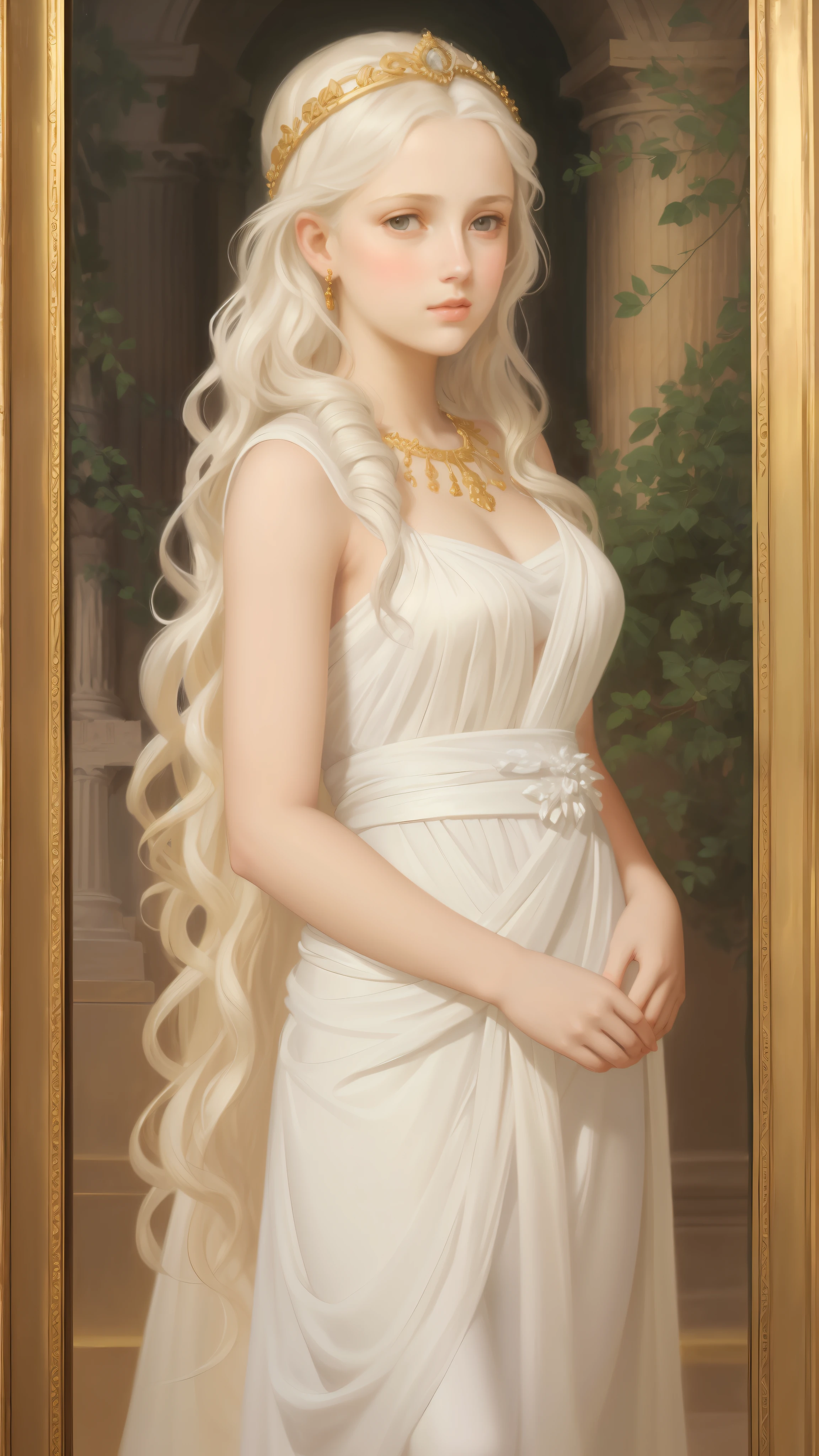 1girl, beautiful age girl, beautiful 13 year old girl, very small breasts, long wavy white hair, thin jaw, large white sash covering breasts, golden decorations, portrait, oil painting, realistic proportions, intricate, intricate details, sharp focus, beautiful female body, classical painting, outside, greek temple