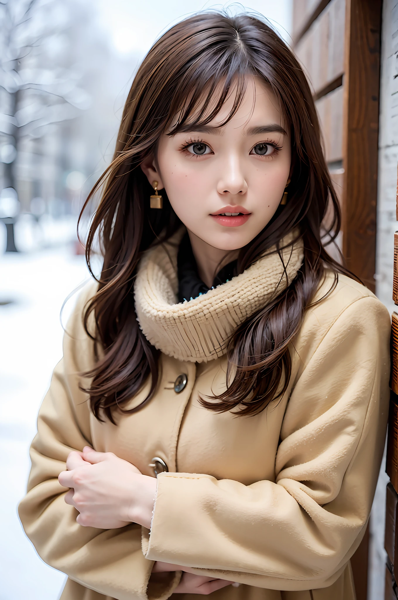 1 girl, bare_tree, brown_eyes, brown_hair, building, coat, cross_earrings, earrings, fur, fur trimmed_coat, fur_collar, fur_scarf, fur_trim, jewelry, lips, shorthair, looking_at_viewer, outdoors, snow, snow, solo, tree, upper_body, Winter, winter_clothes, detailed_eyes,Big breasts, arms close together, Chest facing camera, Big, Ears out, Golden ratio face, Golden ratio body, Best quality, Ultra high definition, Bangs