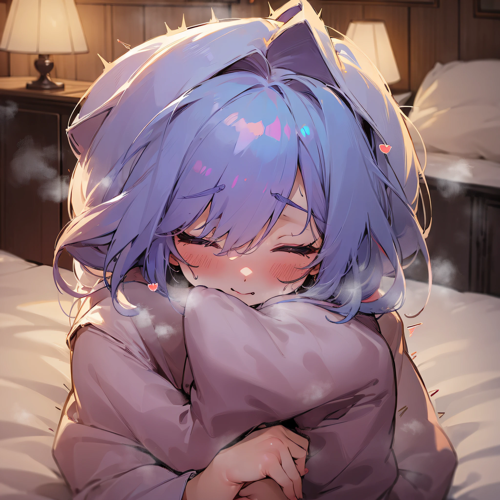 (NSFW:1.5) Cute Smol Happy 1Girl hugs her solo Cute Happy Eevee + Pokemon, Eevee hides in Girl's pajamas to show her head outside, warm lights, love, cozy bedroom, colorful, (close eyes) +, blanket --auto --s2