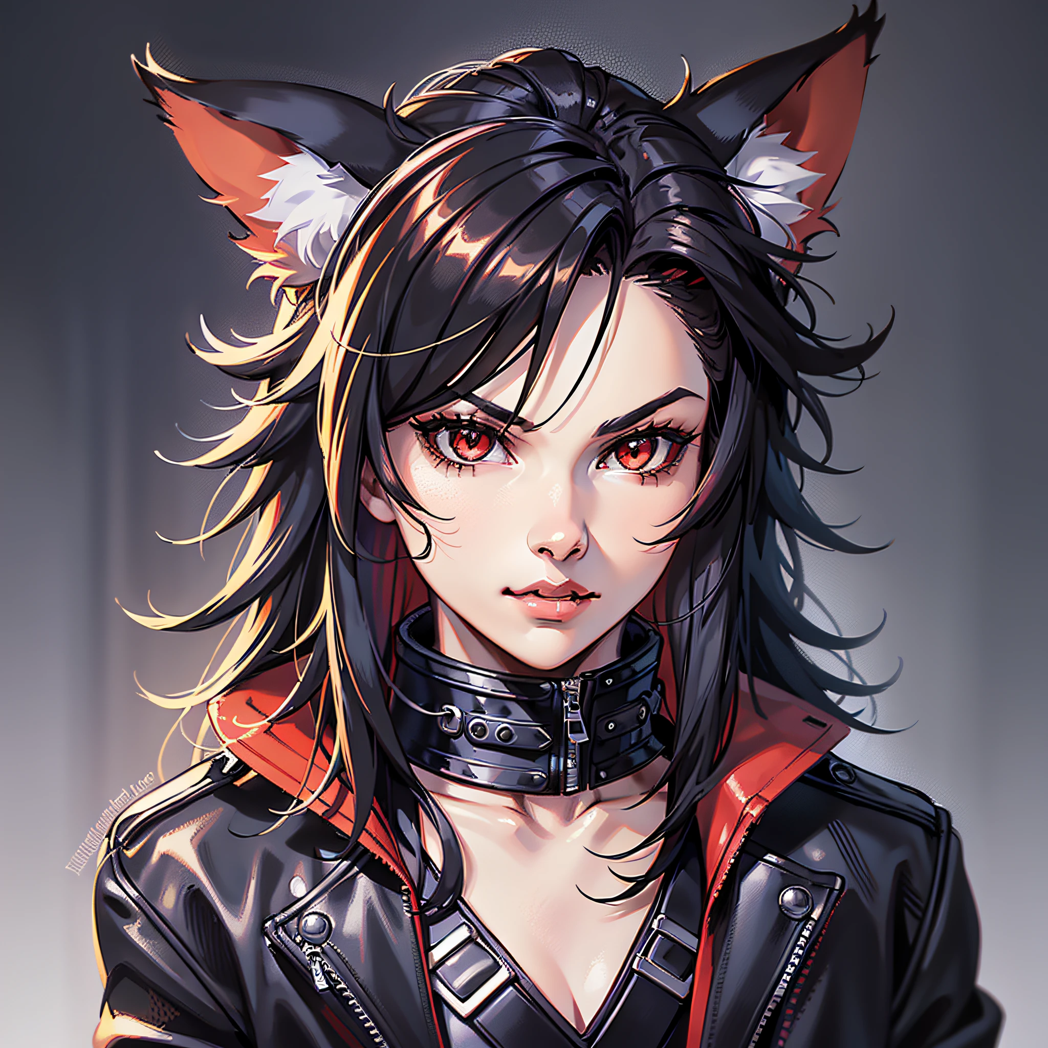 (anthropomorphic fox cute cub) with black jacket, red eyes, hairy body, young, portrait, bust, posture facing the camera, cartoon, dressed as 80s metalhead rocker masterpiece, confident posture, youtuber