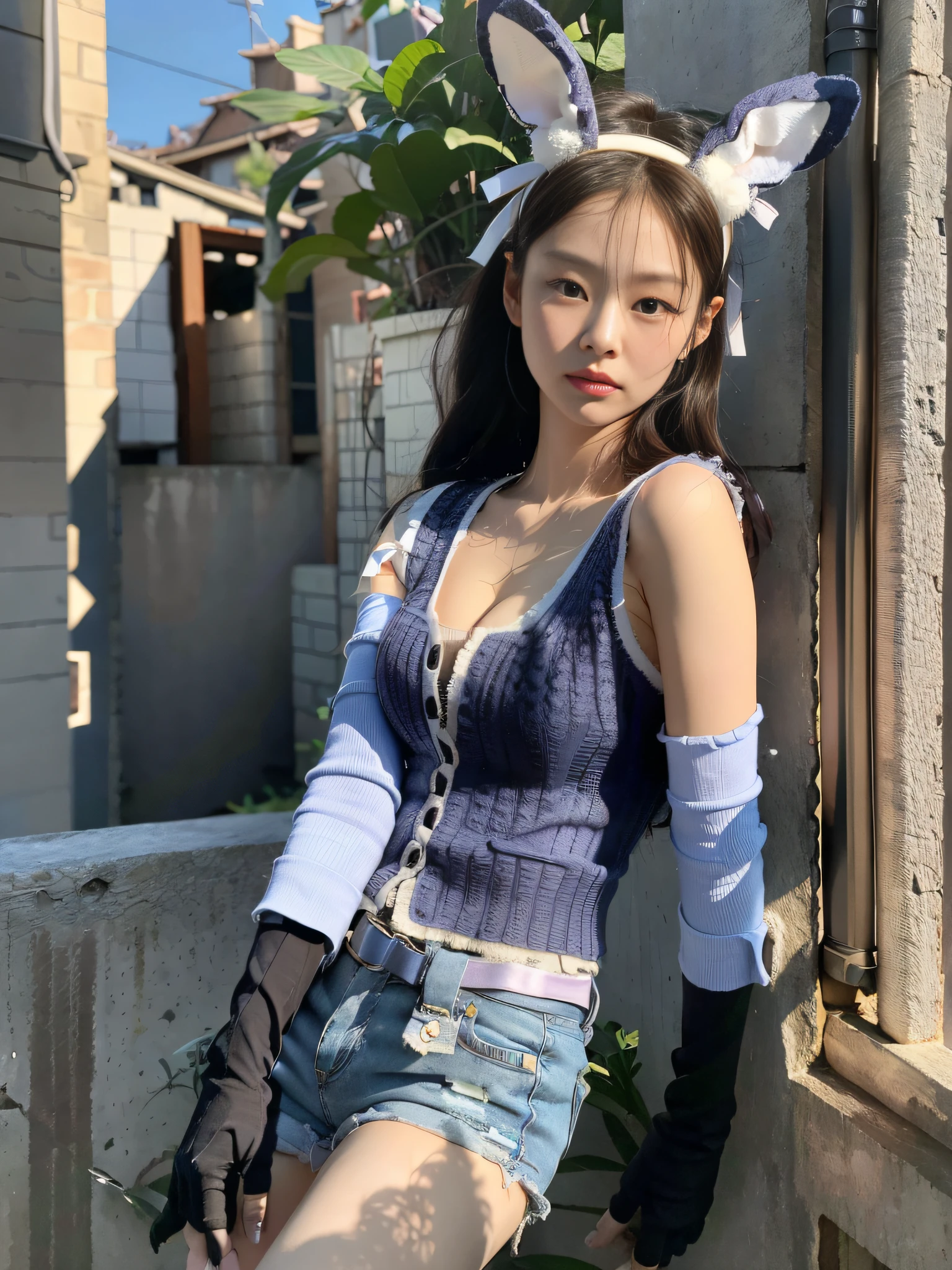 Kim Ji-ni Jennie face, wearing a rabbit headband, wearing a slim blue blue shirt, open waist, short motorcycle vest cleavage, tight shorts, gloves, background gray wall, strong contrast, sunlight on the face