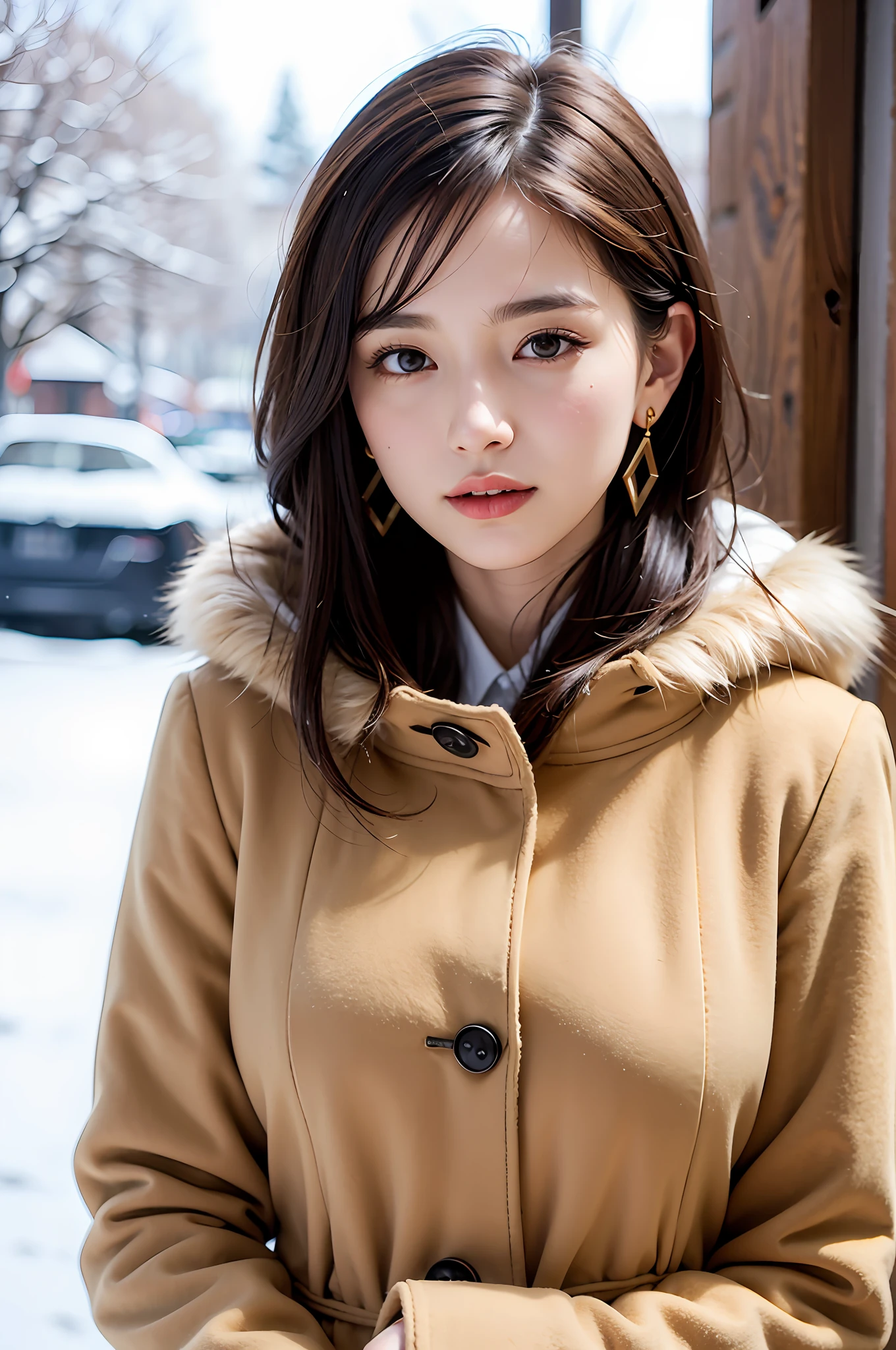 1 girl, bare_tree, brown_eyes, brown_hair, building, coat, cross_earrings, earrings, fur, fur trimmed_coat, fur_collar, fur_scarf, fur_trim, jewelry, lips, shorthair, looking_at_viewer, outdoors, snow, snow, solo, tree, upper_body, Winter, winter_clothes, detailed_eyes,Big breasts, arms close together, Chest facing camera, Big, Ears out, Golden ratio face, Golden ratio body, Best quality, Ultra high definition, Bangs