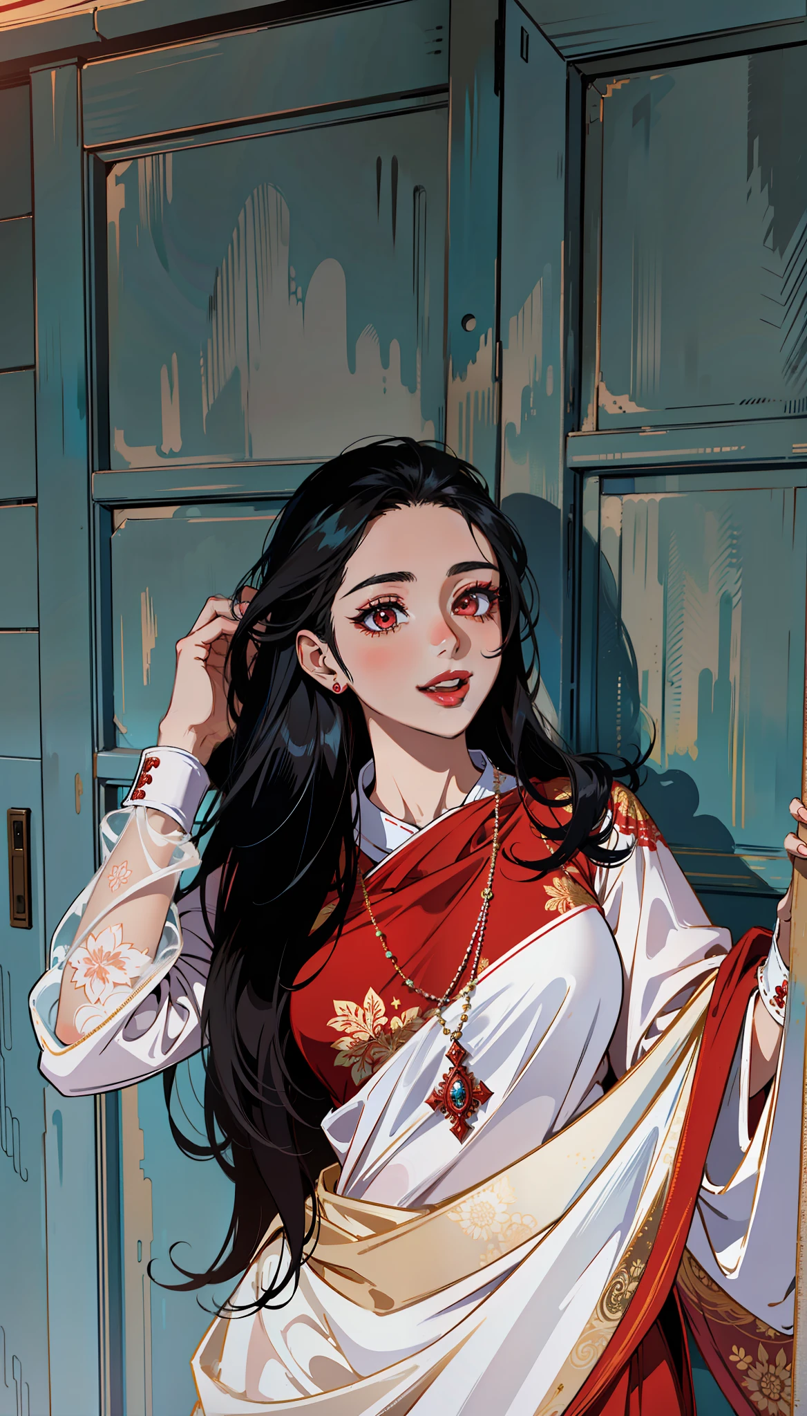(masterpiece),(best quality:1.0), (ultra highres:1.0), detailed illustration, 8k, anime, 1girl, beautiful anime girl, wearing a white and red saree, beautiful saree, intricate details, red eyes, detailed eyes, black hair, detailed hair detailed, highlights on hair, smiling, matte red lipstick, red lips, anime style, best quality, detailed