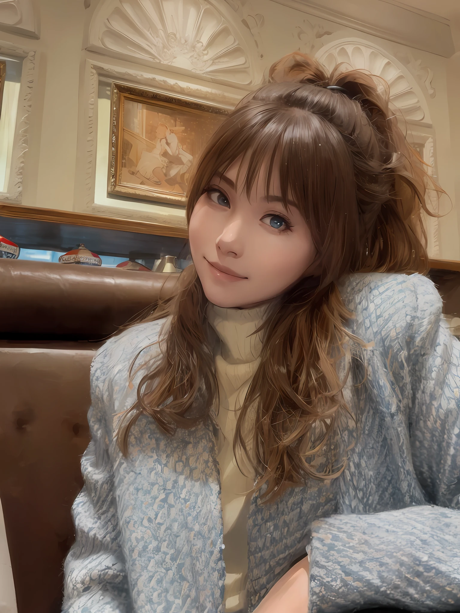 Best quality, masterpiece, realistic, 1girl, solo, university senpai, mature, tall, beautiful, kind, sweet smile, cool, edgy, college uniform, long ponytail, beautiful eyes, muscualar biceps