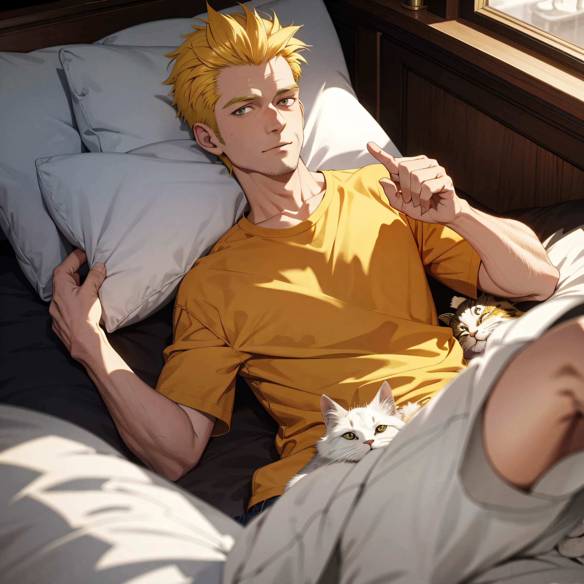Absurd resolution, high resolution, (masterpiece: 1.4), hyper-detailed, shirt yellow haired middle-aged man, lying in bed, holding a cat