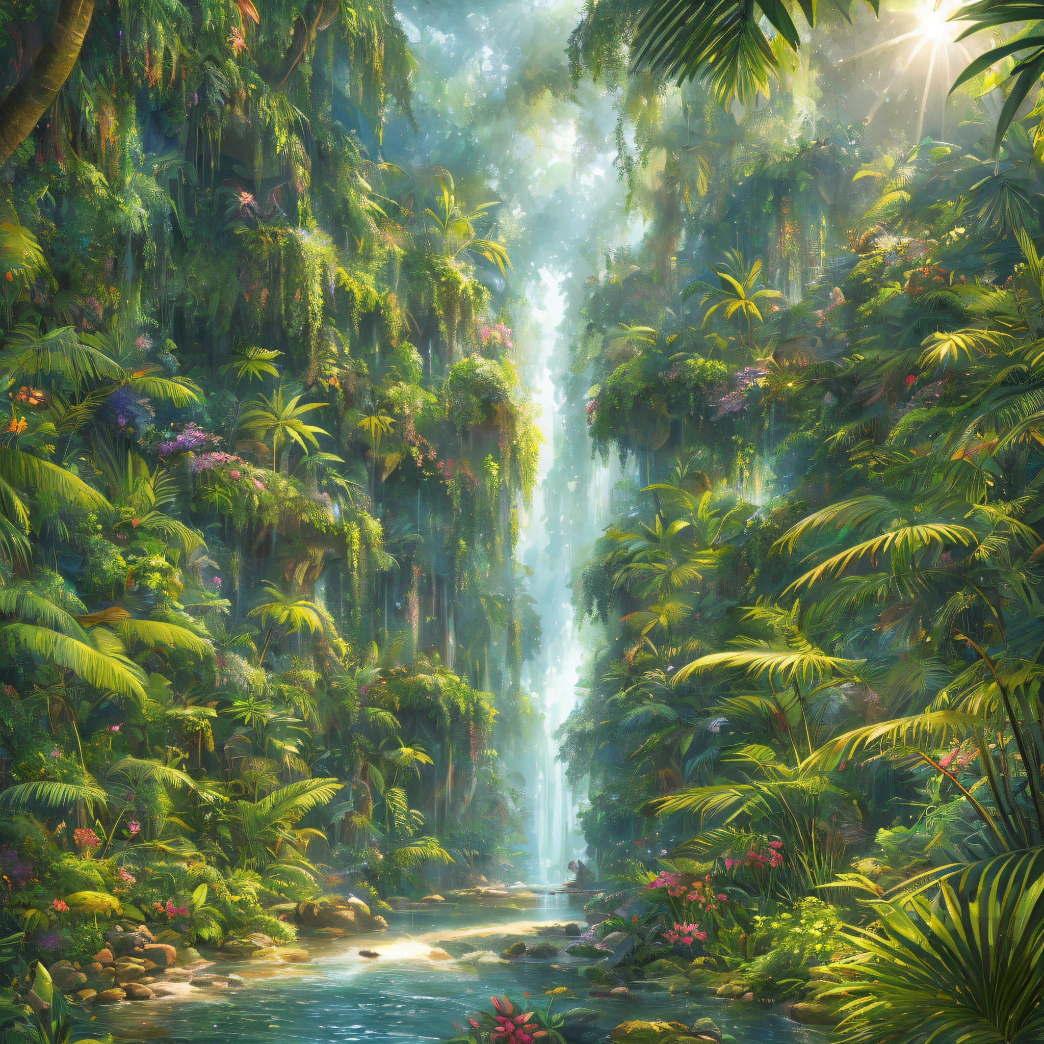 Detailed and intricate digital illustration of a dense jungle full of exotic plants and animals, with sunlight passing through raindrops, as if entering a magical kingdom. Style, masterpieces, proportions, details, art station trends, beautiful lighting, realistic, complex, award-winning, 4k, highest quality award-winning, 4K digital painting in the style of Yoshitaka Amano.