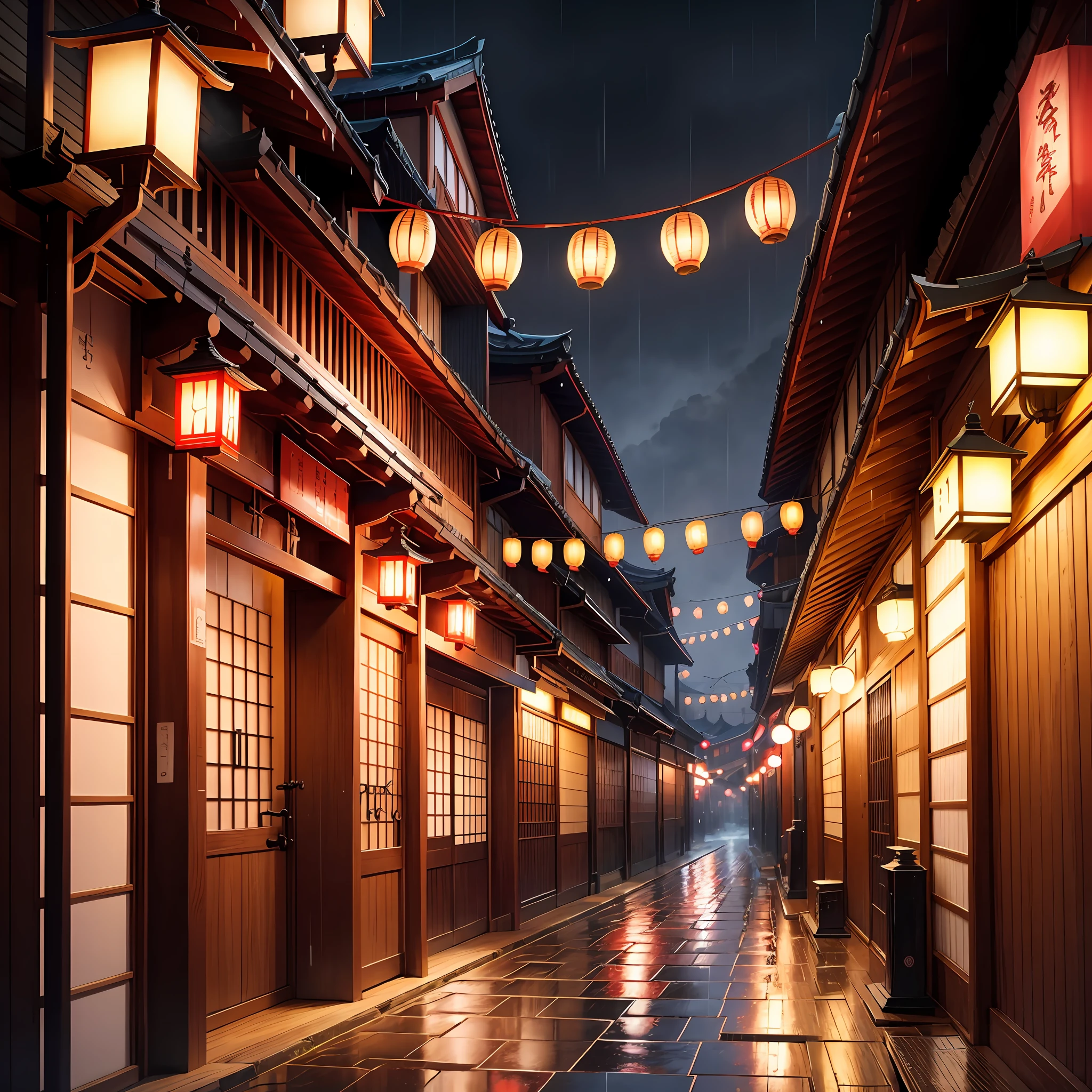 Print, manga, colorful, samurai, Japanese lantern, sakura, framing, night, street, rain, Akihabara, ancient Japan with sakura flowers falling in the wind.