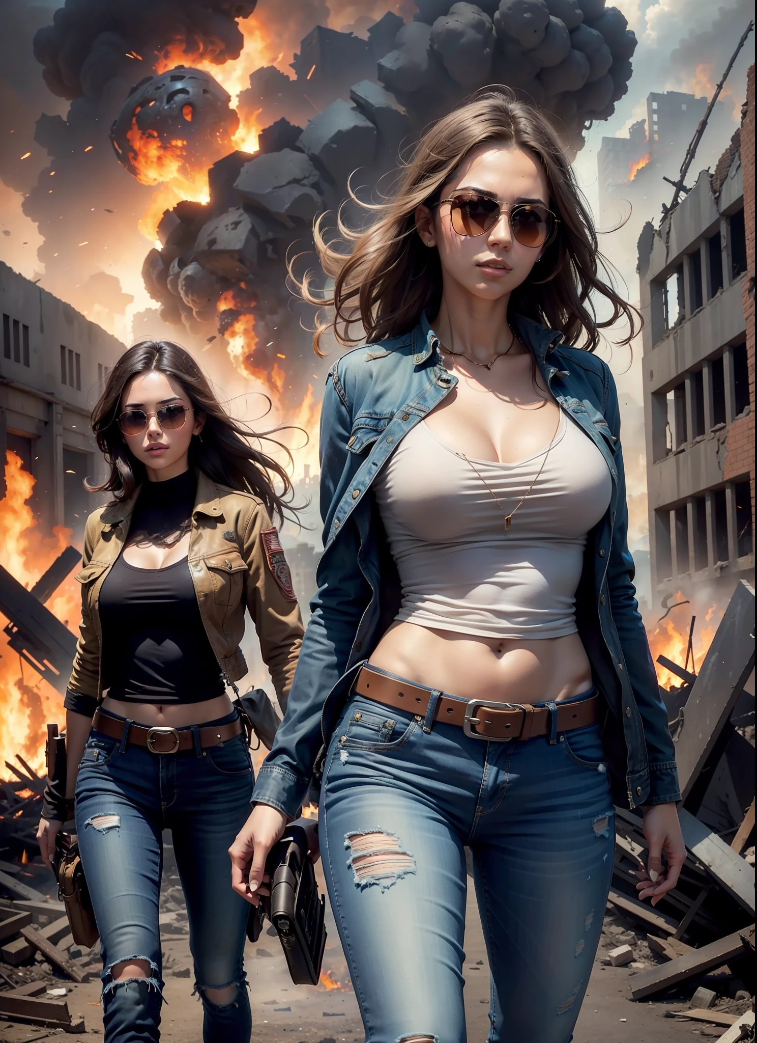 Beautiful woman, big chest, sunglasses, jeans, 1 belt, holster, just one body, in the ruins, explosions behind, fire behind, robot behind, front view