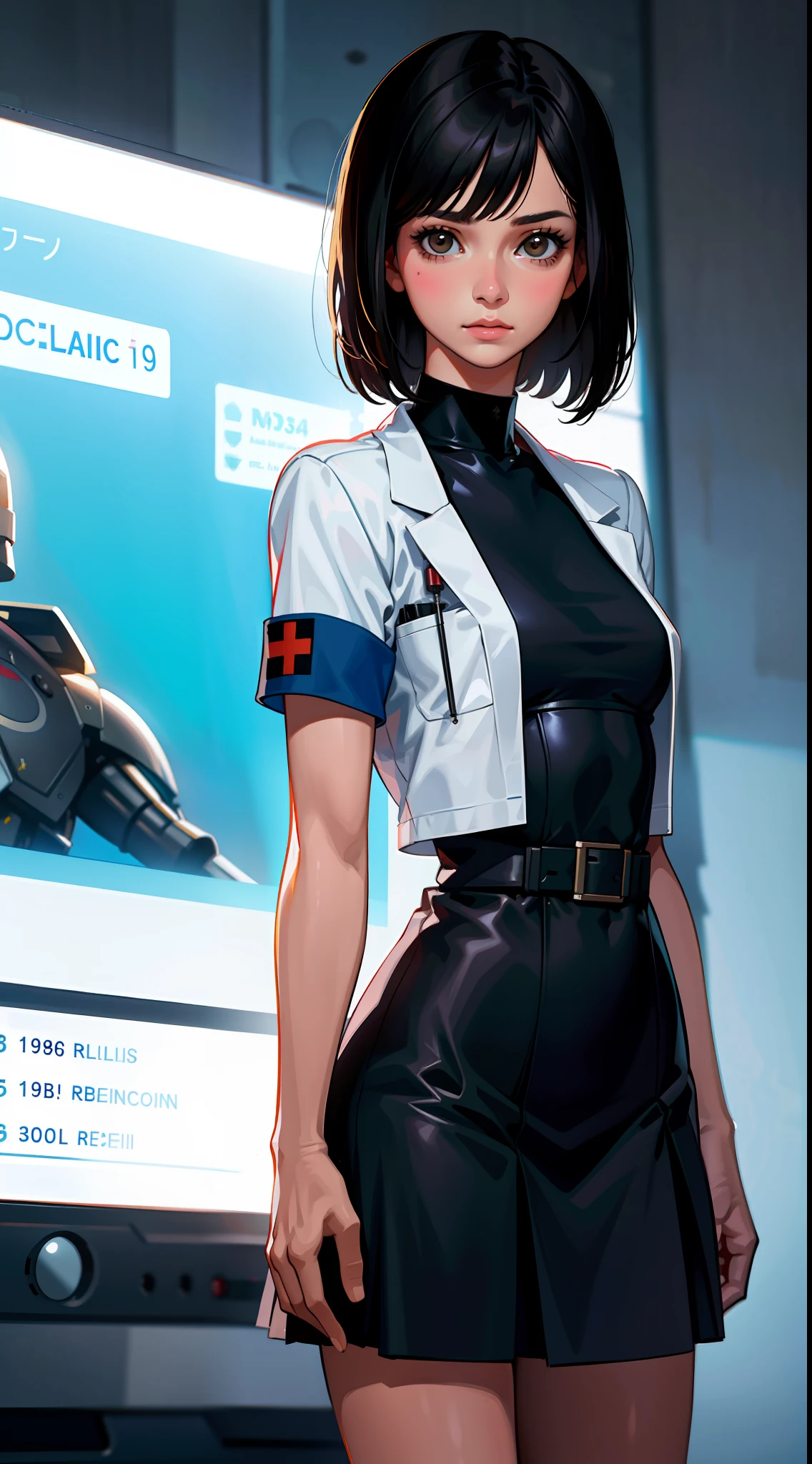 Science fiction, science fiction, 1984 movie references, rebellious stories, 30 women, adults, brown eyes, Bob's short black hair, dresses, medical uniform, realistic face resolution, realistic, object resolution