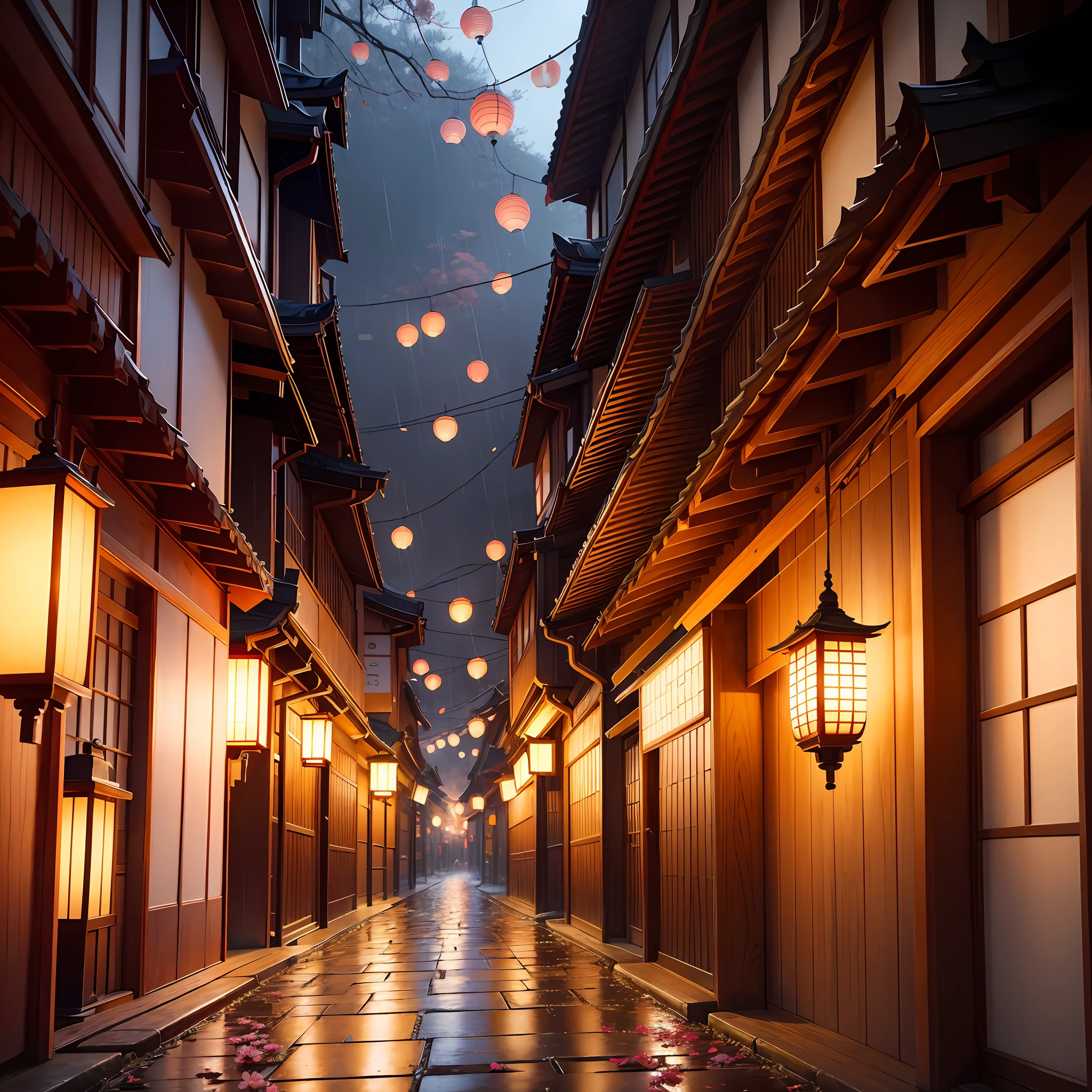 Print, manga, colorful, samurai, Japanese lantern, sakura, framing, night, street, rain, Akihabara, ancient Japan with sakura flowers falling in the wind.