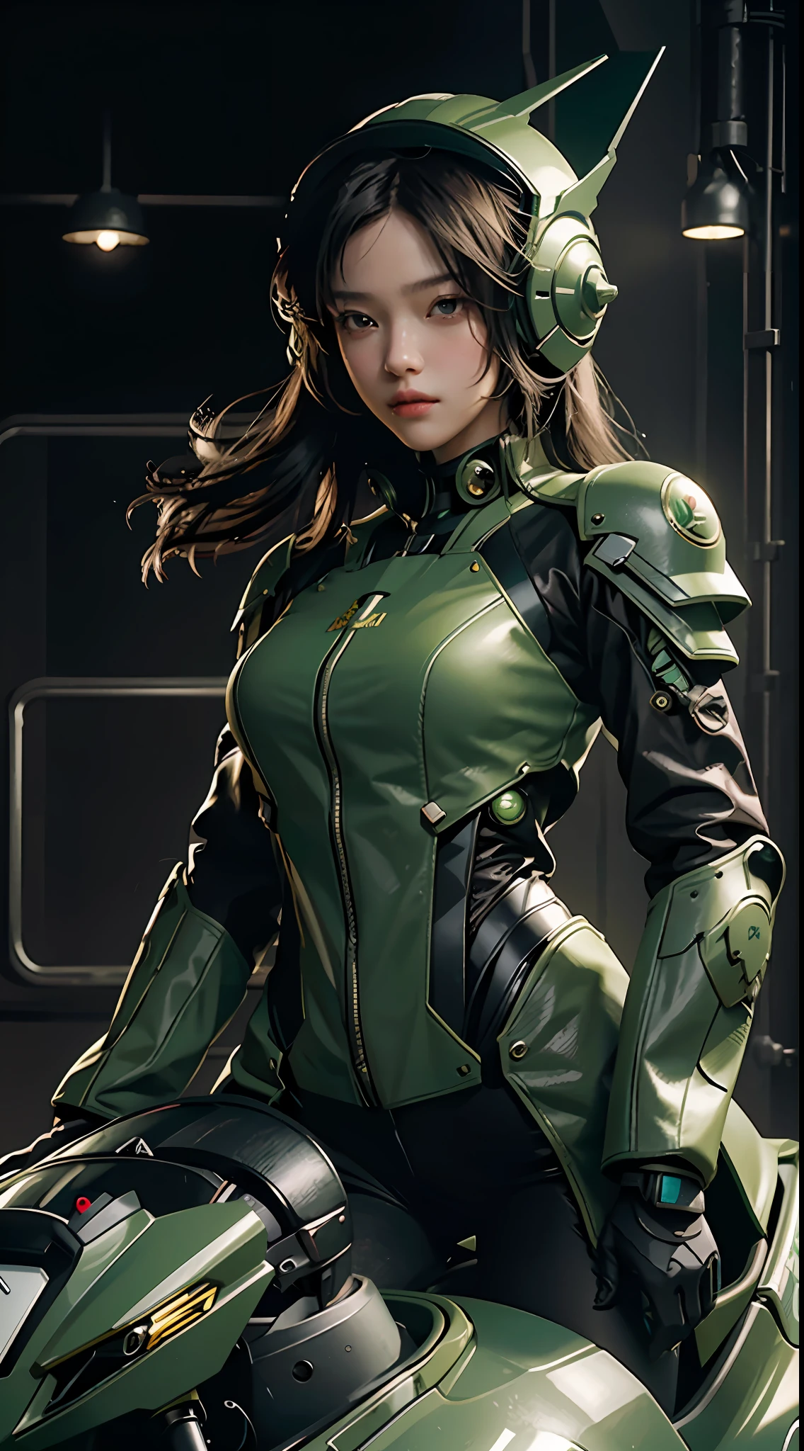Highest image quality, outstanding details, ultra-high resolution, (realism: 1.4), the best illustration, favor details, highly condensed 1girl, with a delicate and beautiful face, dressed in a black and green mecha, wearing a mecha helmet, holding a directional controller, riding on a motorcycle, the background is a high-tech lighting scene of the future city.