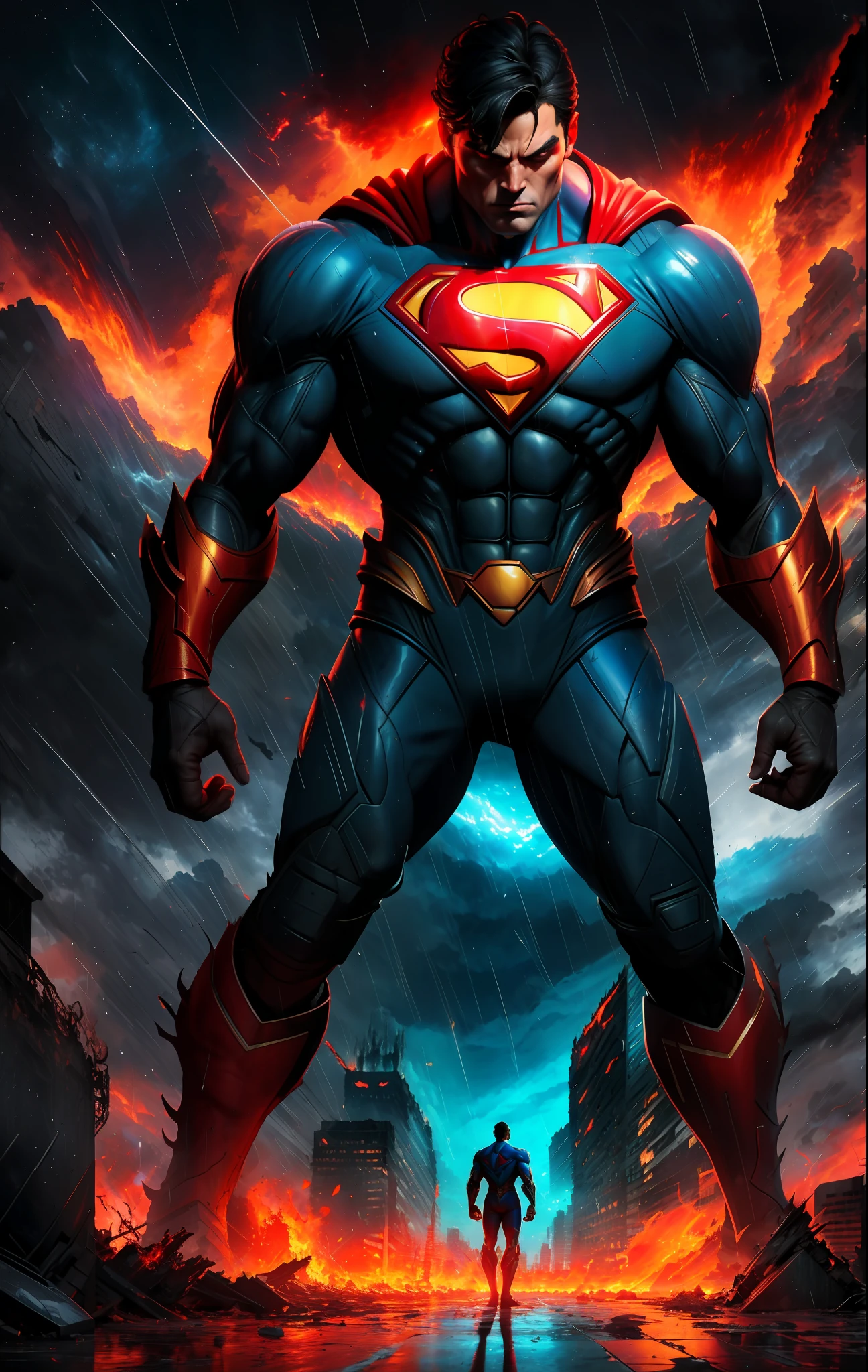 Superman kneeling on the ground, raining, while he's alone in the middle of a chaotic cityscape. His bony protrusions and dark suit stand out against the destruction he has caused, and the fiery background adds to the intensity of the moment. Art by Salvador Dali and Photography by Steve McCurry using a Canon EOS R6, 85mm focal length, an aperture of f/2.8 and ISO 640. ((Dramatic)), ((Intense)), ((Powerful)), ((Chaos)), ((Surreal)), ((Fire)), ((Ethereal)), ((Epic scale)), viewpoint of the street, the ground, the ground, wasteland