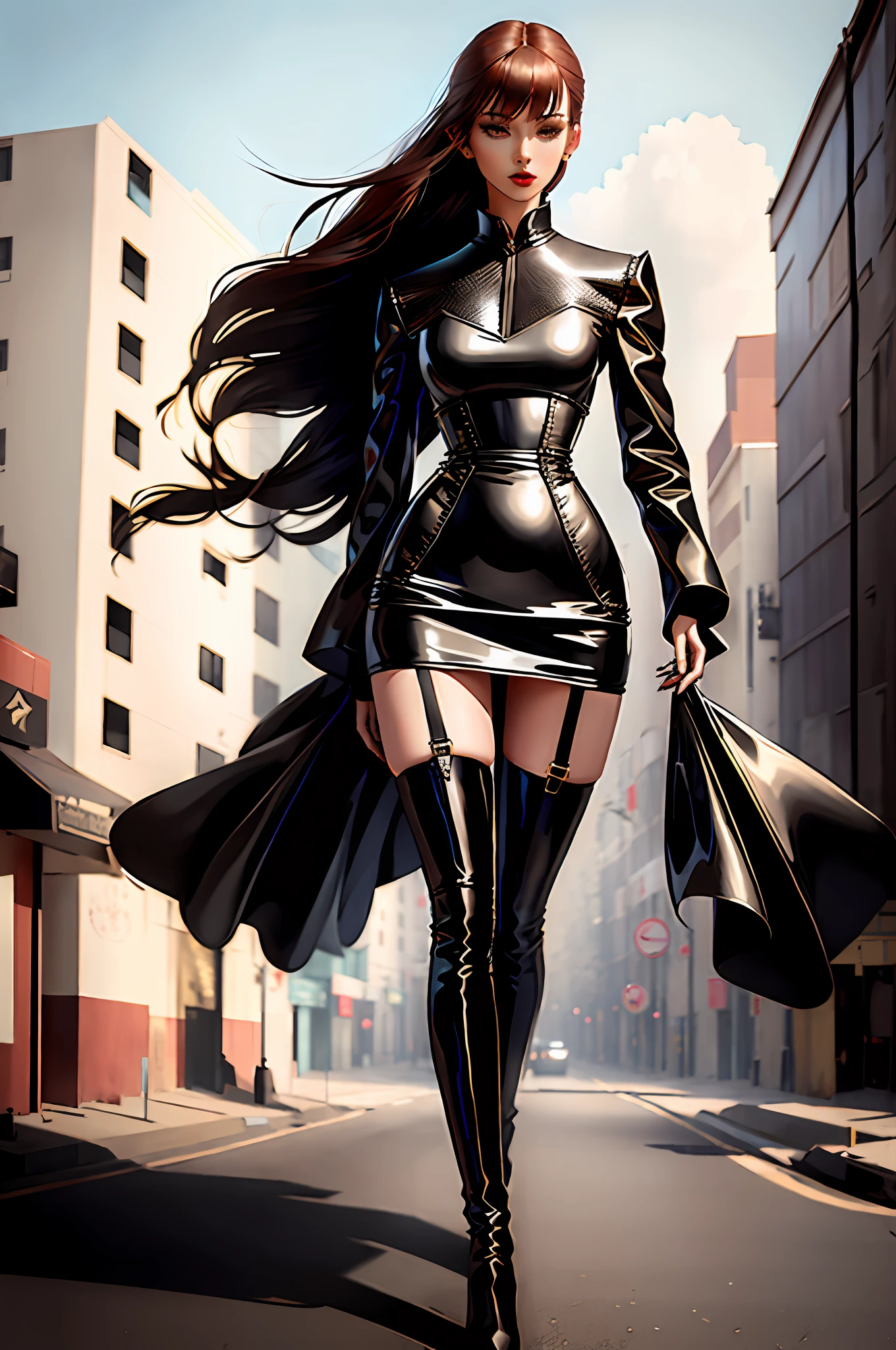 Beautiful woman walking in the wind, black glove boots, tall, long legs, perfect body proportions, thin waist, black suspender stockings, tight leather dress, tall, slender body, 9 head body, fashion shooting, perfect shooting composition, full body into frame