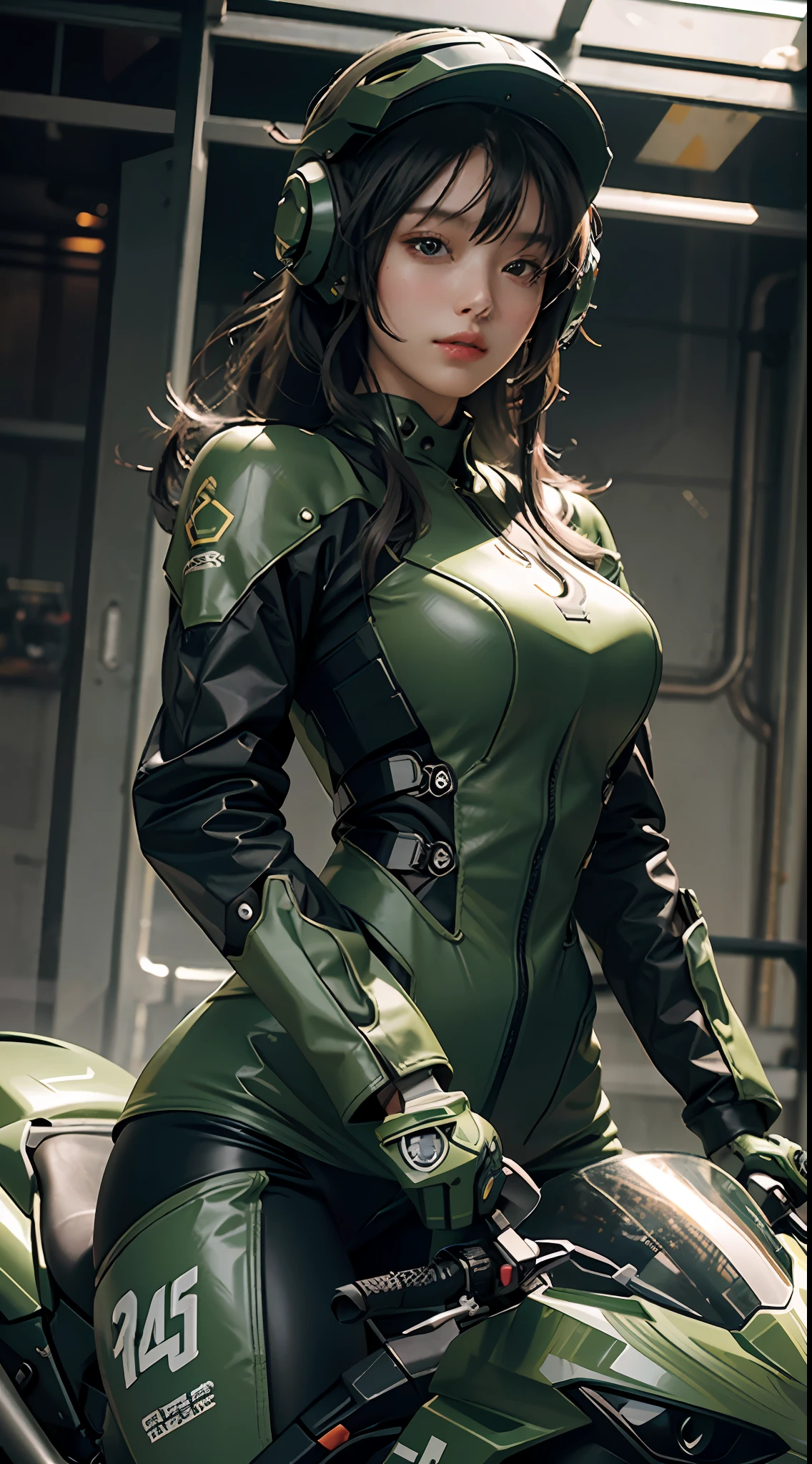 Highest image quality, outstanding details, ultra-high resolution, (realism: 1.4), the best illustration, favor details, highly condensed 1girl, with a delicate and beautiful face, dressed in a black and green mecha, wearing a mecha helmet, holding a directional controller, riding on a motorcycle, the background is a high-tech lighting scene of the future city.