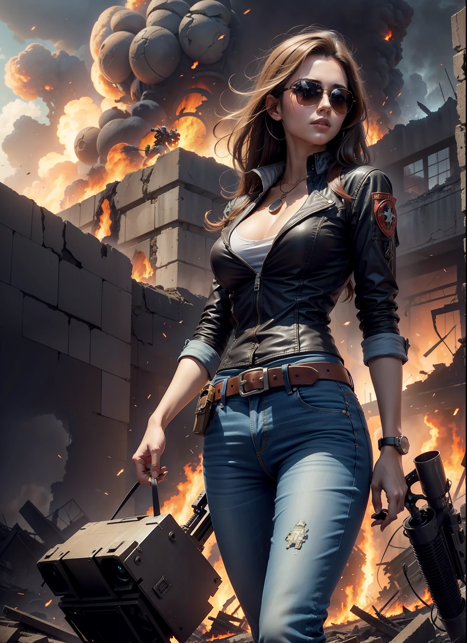 Beautiful woman, big chest, sunglasses, jeans, 1 belt, holster, just one body, in the ruins, explosions behind, fire behind, robot behind, front view