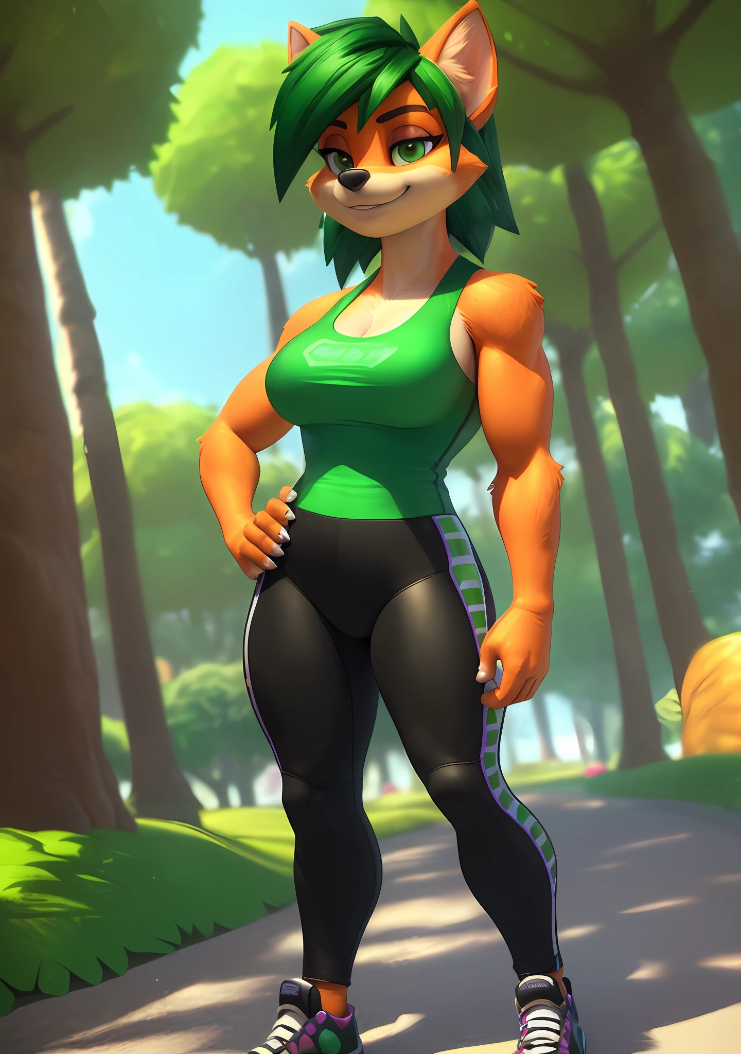 [Ami Bandicoot_(Crash Team Racing Nitro Fueled)], [Uploaded to e621.net; (Pixelsketcher), (wamudraws)], ((masterpiece)), ((solo portrait)), ((furry; anthro)), ((detailed fur)), ((raytracing)), ((detailed shading)), ((beautiful 3D art)), {anthro; (orange fur, black nose, short straight green hair), beautiful green eyes, smug grin, ((green tank top; yellow checker board pattern), medium boobs, dark green yoga pants, green high top sneakers), (4 fingers, black claws)}, (standing; showing muscles), [background; park; (trees, sidewalk, sun rays through leaves)]
