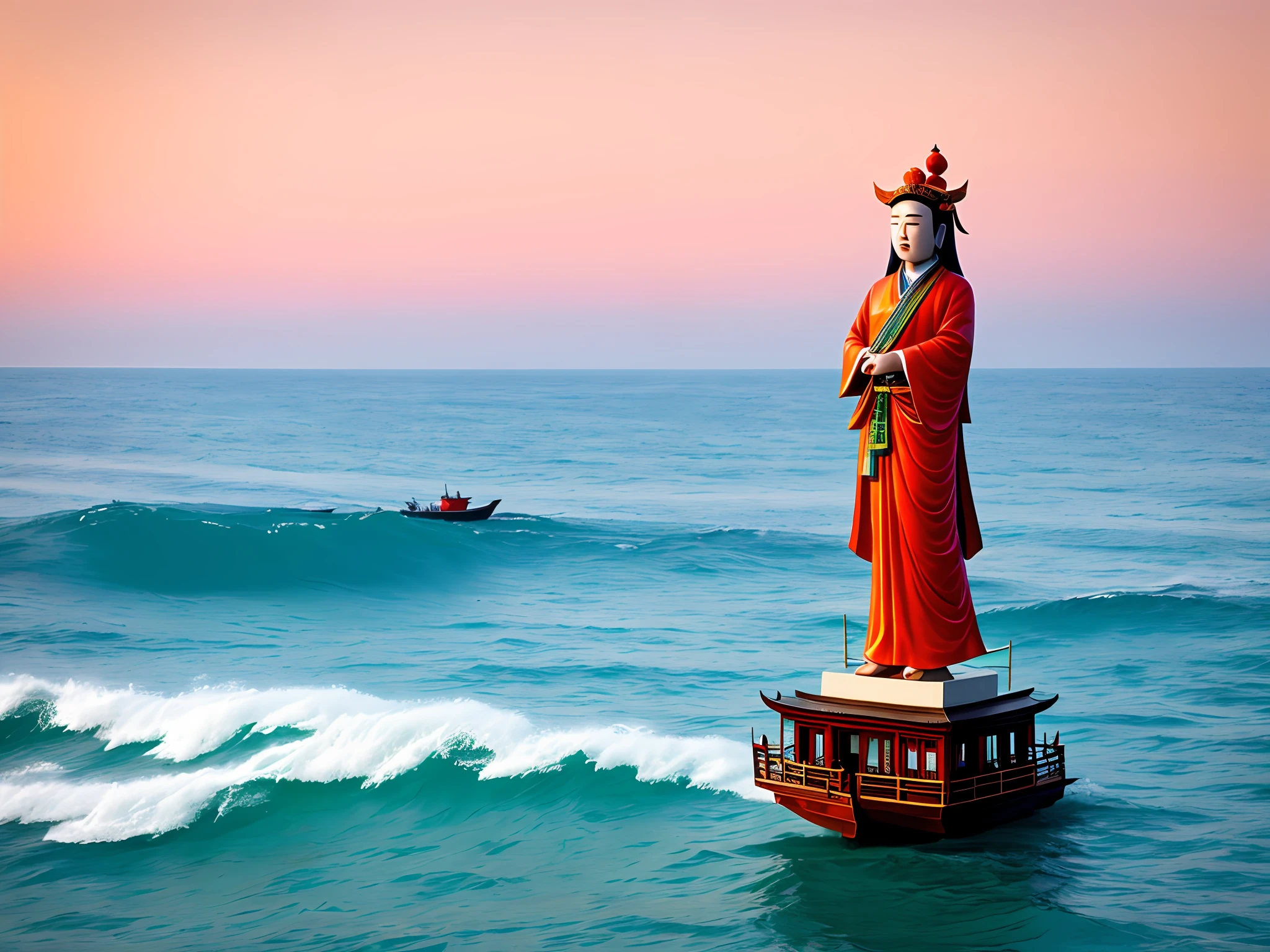Fu see Mazu, bless the four seas, establish virtue, do good, great love, Mazu steps on a fishing boat, Mazu holds Ruyi in his hand, saves Cangsheng on the waves, and there is Mazu on the coast