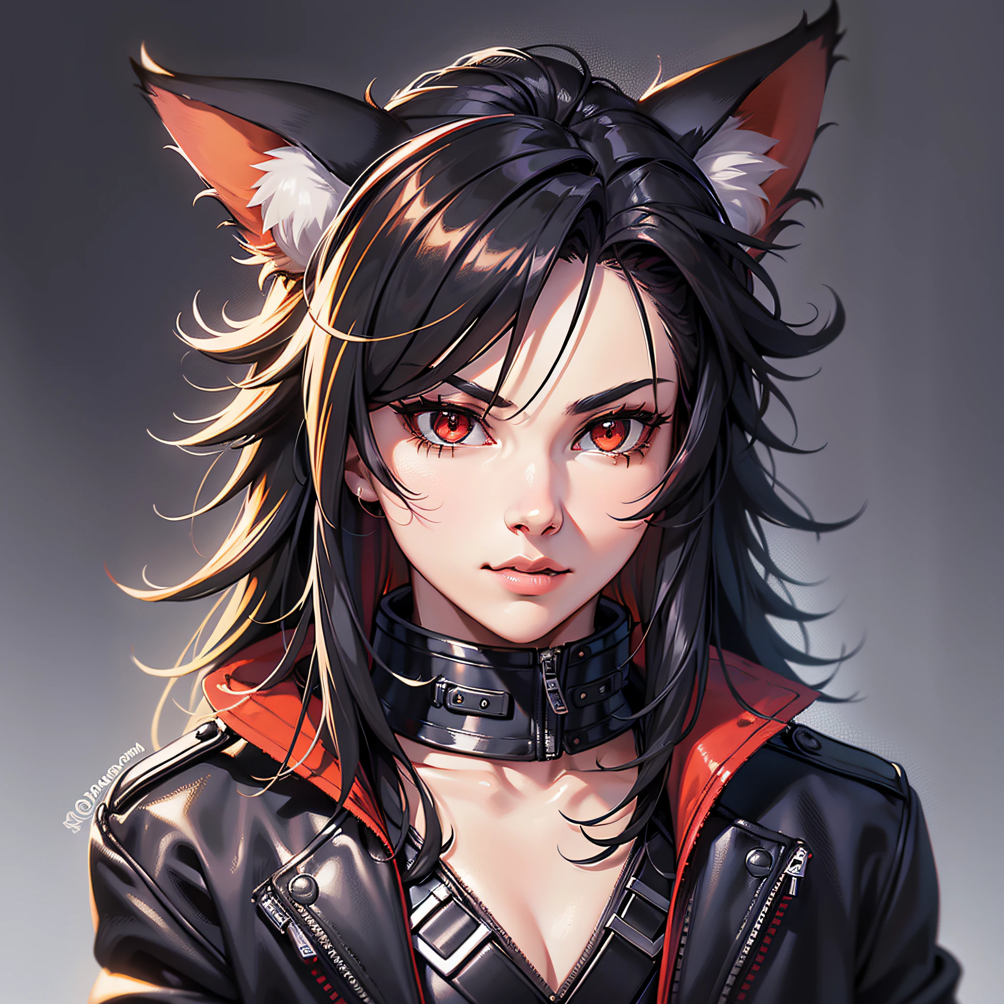 (anthropomorphic fox cute cub) with black jacket, red eyes, hairy body, young, portrait, bust, posture facing the camera, cartoon, dressed as 80s metalhead rocker masterpiece, confident posture, youtuber