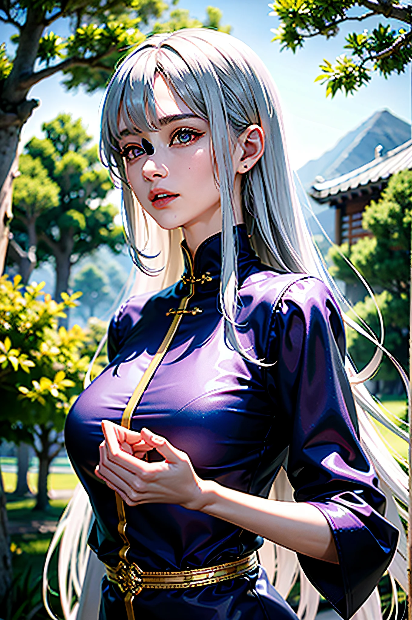 纵向阅读格式: (masterpiece), best quality, ultra-detailed, 8k CG unity wallpaper, best lighting and shadows, wearing sorceress clothes, violet eyes, (black clothing),(floating), in a magical forest, mystery atmosphere, mist lighting, sharp depth of field, dense grass, volumetric light, majestic and epic environment. silver hair.