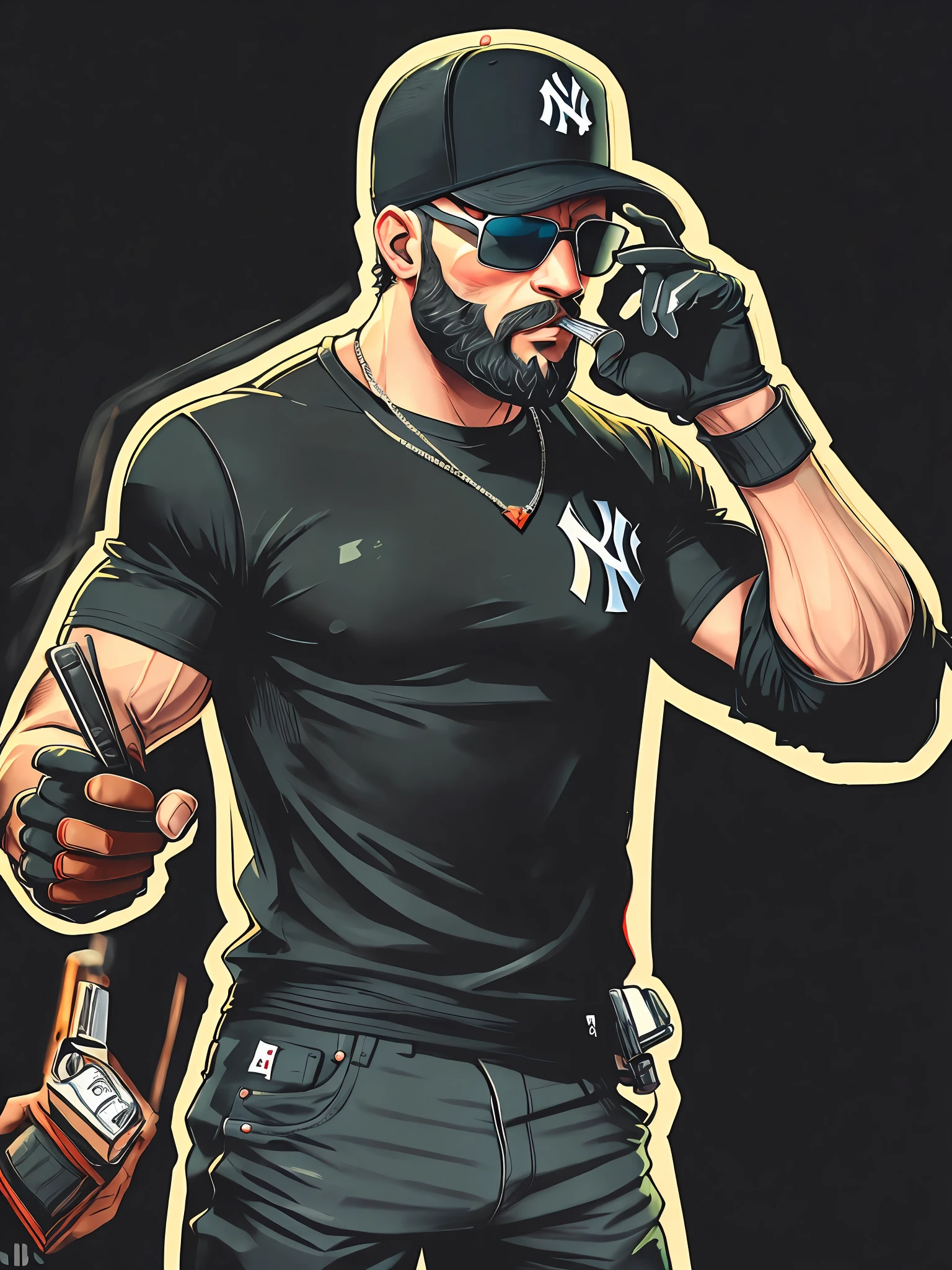 Men, Sunglasses, Black New York Yankees Hat, Black T-Shirt, Beard, Muscles, Hip Hop, GTA5, Chewing Cigarette, Open Finger Gloves