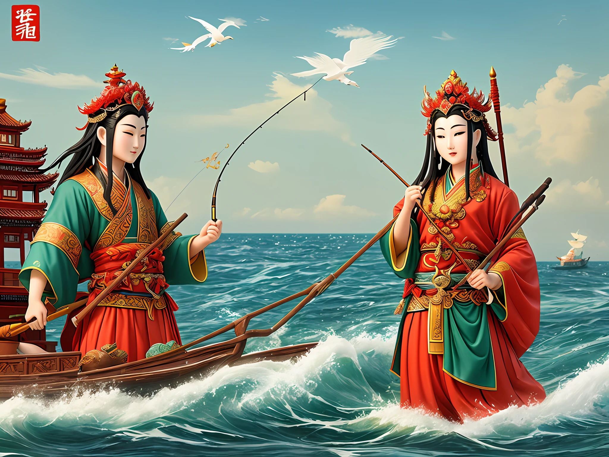 Fu see Mazu, bless the four seas, establish virtue, do good, great love, Mazu pedals a fishing boat, Mazu holds Ruyi, saves Cangsheng on the waves, and there is Mazu on the coast